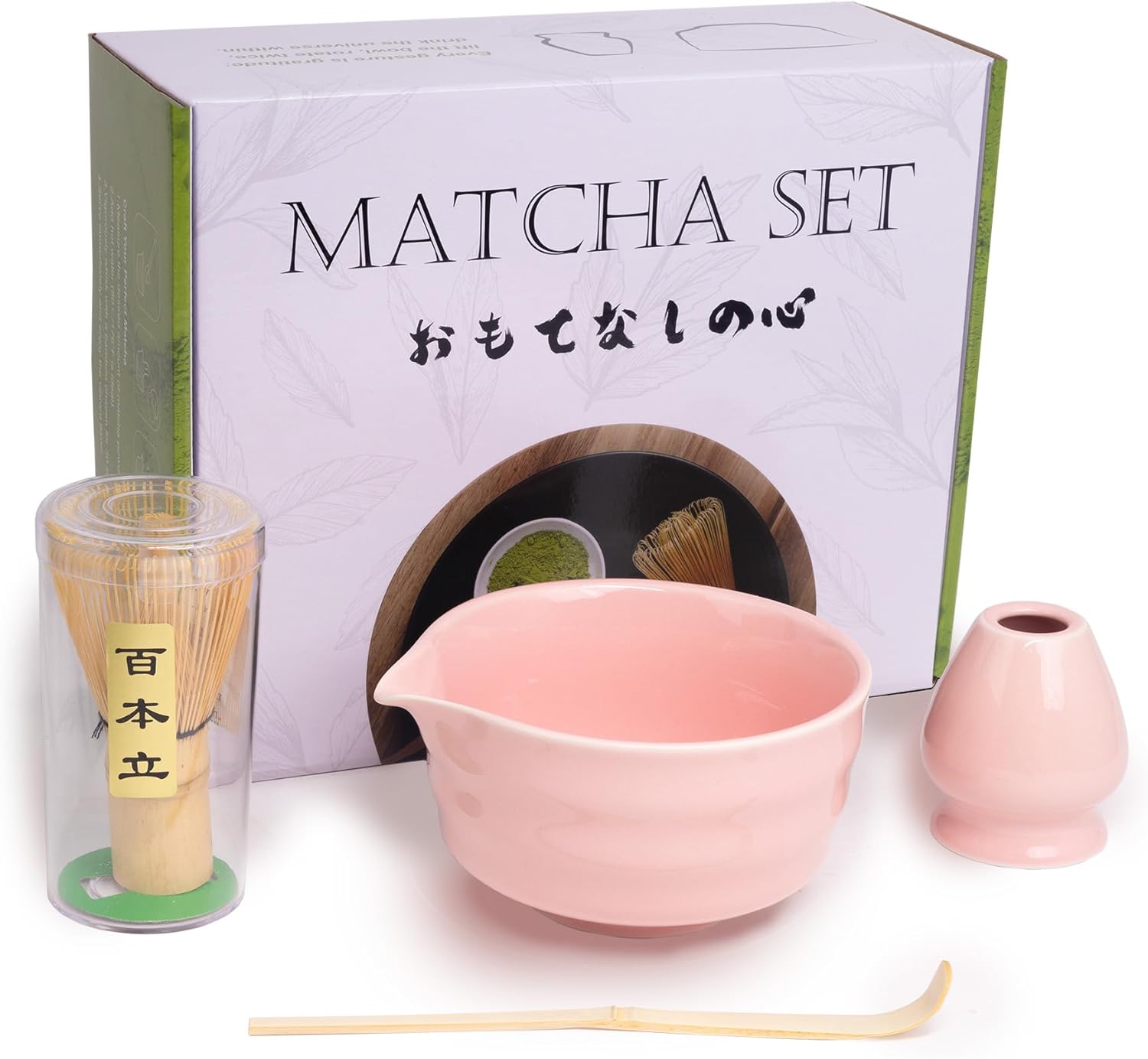 Matcha Whisk Set 4PCS -Great Matcha Bowl and Bamboo Matcha Whisk, Scoop, Whisk Holder, Perfect Matcha Set for Matcha Tea Ceremony Pink