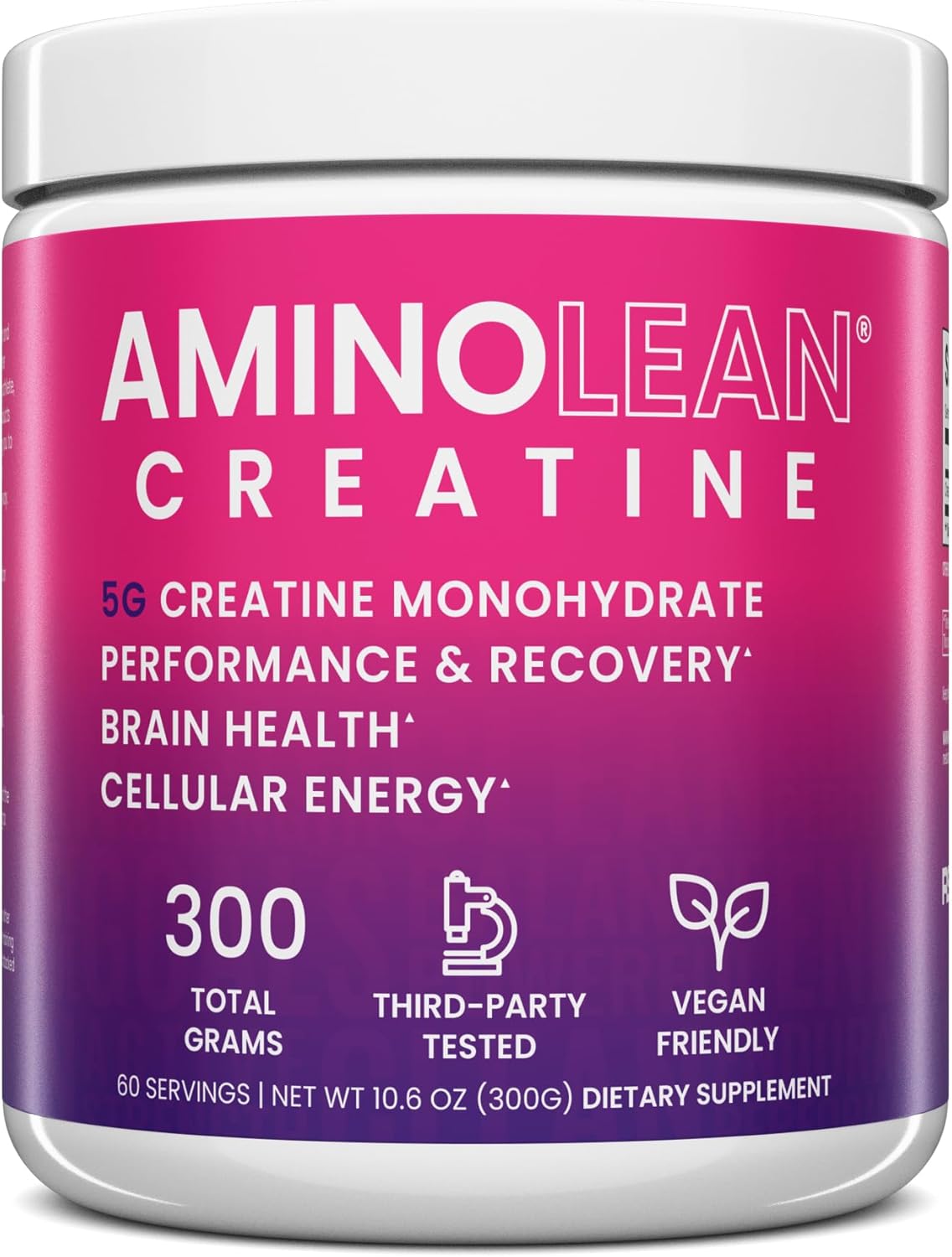 AminoLean Creatine for Women and Men, Pure Micronized Creatine Monohydrate Powder Supplement for Muscle Toning, Mood Support, Energy Boost, and Brain Health, 300g