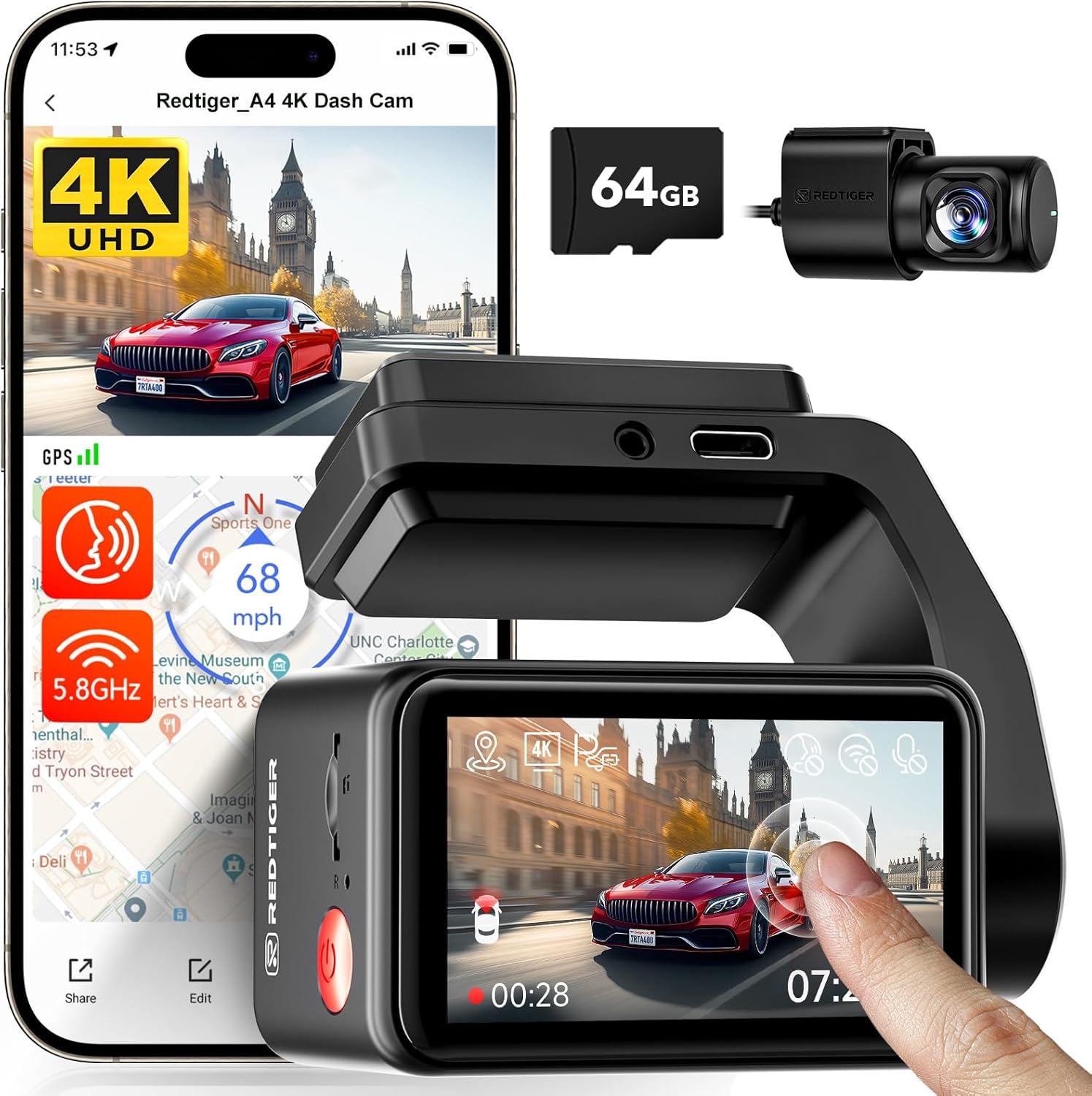 REDTIGER A4-4K+1080P Dash Cam Front and Rear Built-in 5.8GHz WiFi and GPS, Dash Camera for Cars with 64GB Card, Touch Screen Dashcam, Voice Control, 24H Parking Mode, Night Vision, Support Max 256GB