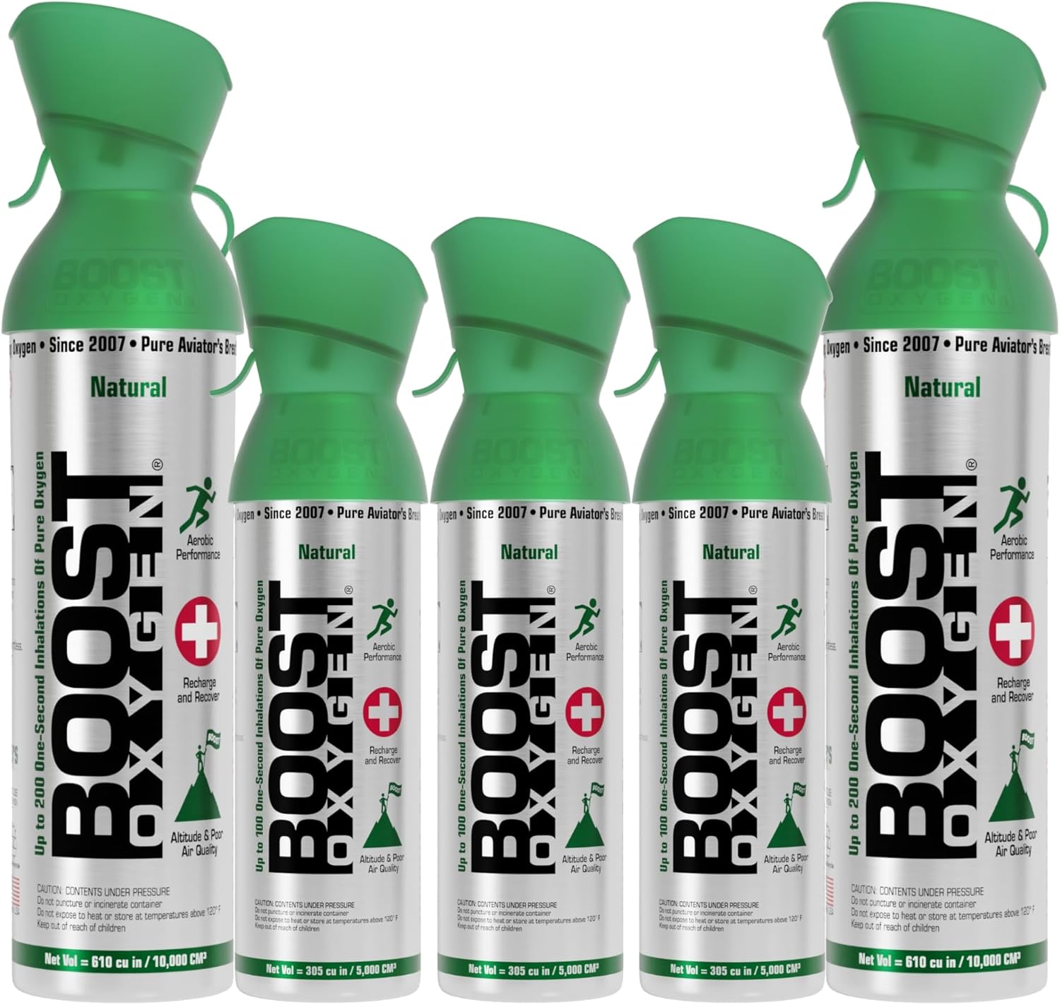 Boost Oxygen 10 Liter Canned Oxygen (2 Pack) and 5 Liter Canned Oxygen (3 Pack) with Built-in Mouthpiece for High Altitudes and Recovery, Flavorless