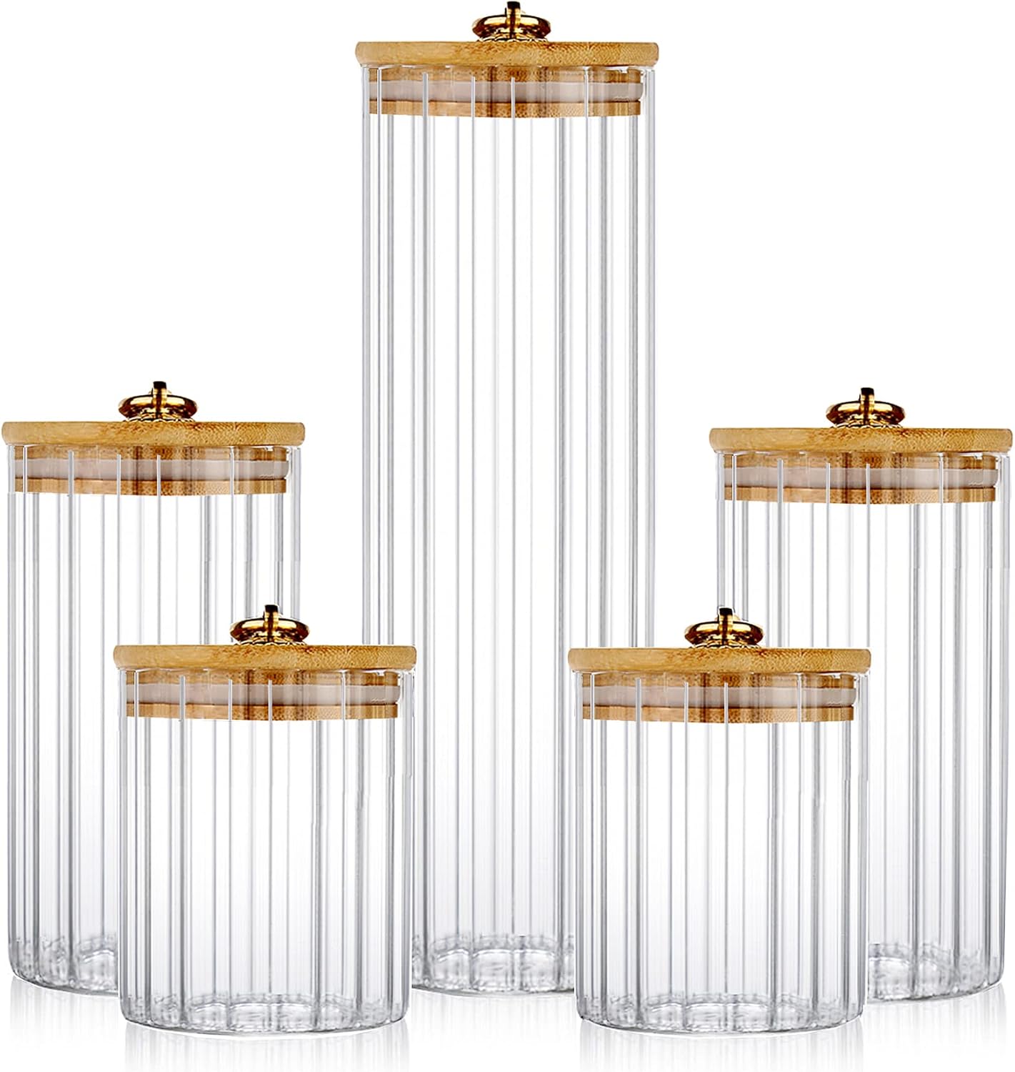 FANTESTICRYAN Glass Storage Jars Set of 5, Decorative Coffee Bar Container with Airtight Bamboo Lid Metal Ring for Home Kitchen Storing Candy, Cookie, Pasta, Nuts, Oatmeal and Bathroom Salt