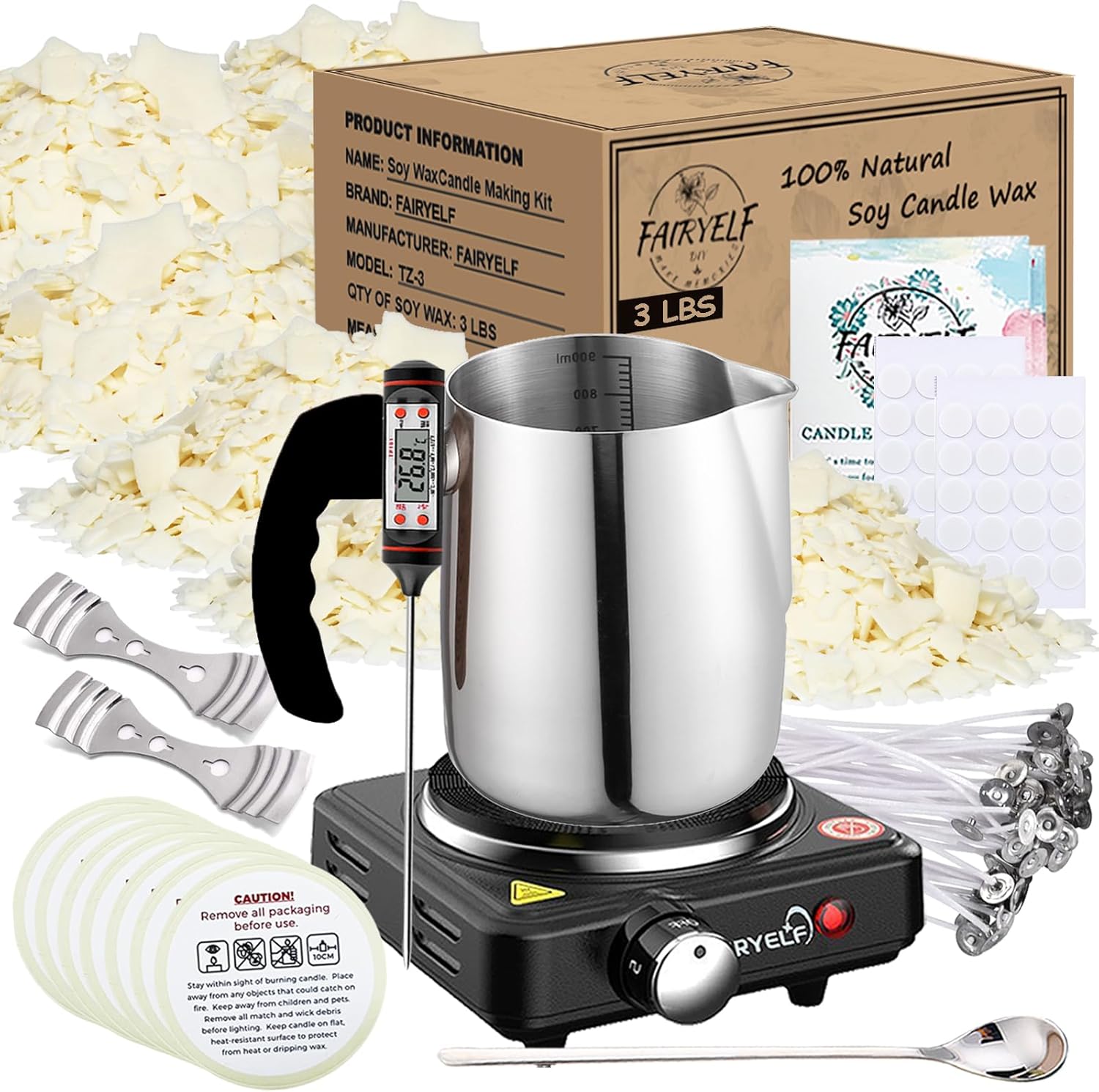 FAIRYELF Soy Wax Candle Making Kit Supplies with Wax Melter, Natural Candle Wax for Candle Making - DIY Candle Making Supplies, Including 3lbs Soy Wax Flakes, Melting Pot, Electric Stove, Candle Wick