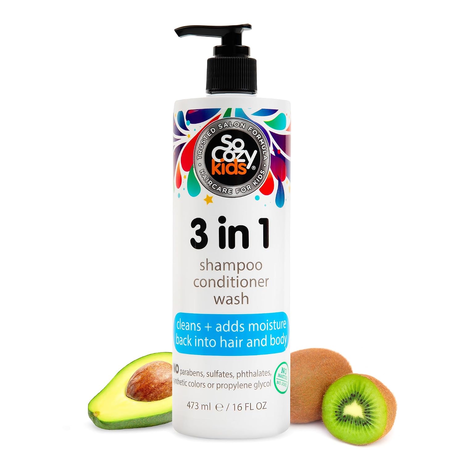 SO COZY Kids Shampoo, Conditioner & Body Wash, Gentle 3-in-1, 16 Fl Oz Pump