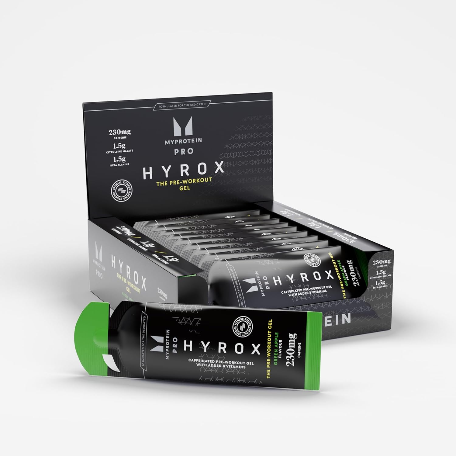 Myprotein Pro x HYROX Pre-Workout Gel (12 Pack), 230mg Caffeine, 1.5g Beta-Alanine & Vitamin B for Improved Stamina & Reduced Fatigue, Endurance Gel for Sports, Workout & HYROX Training, Green Apple