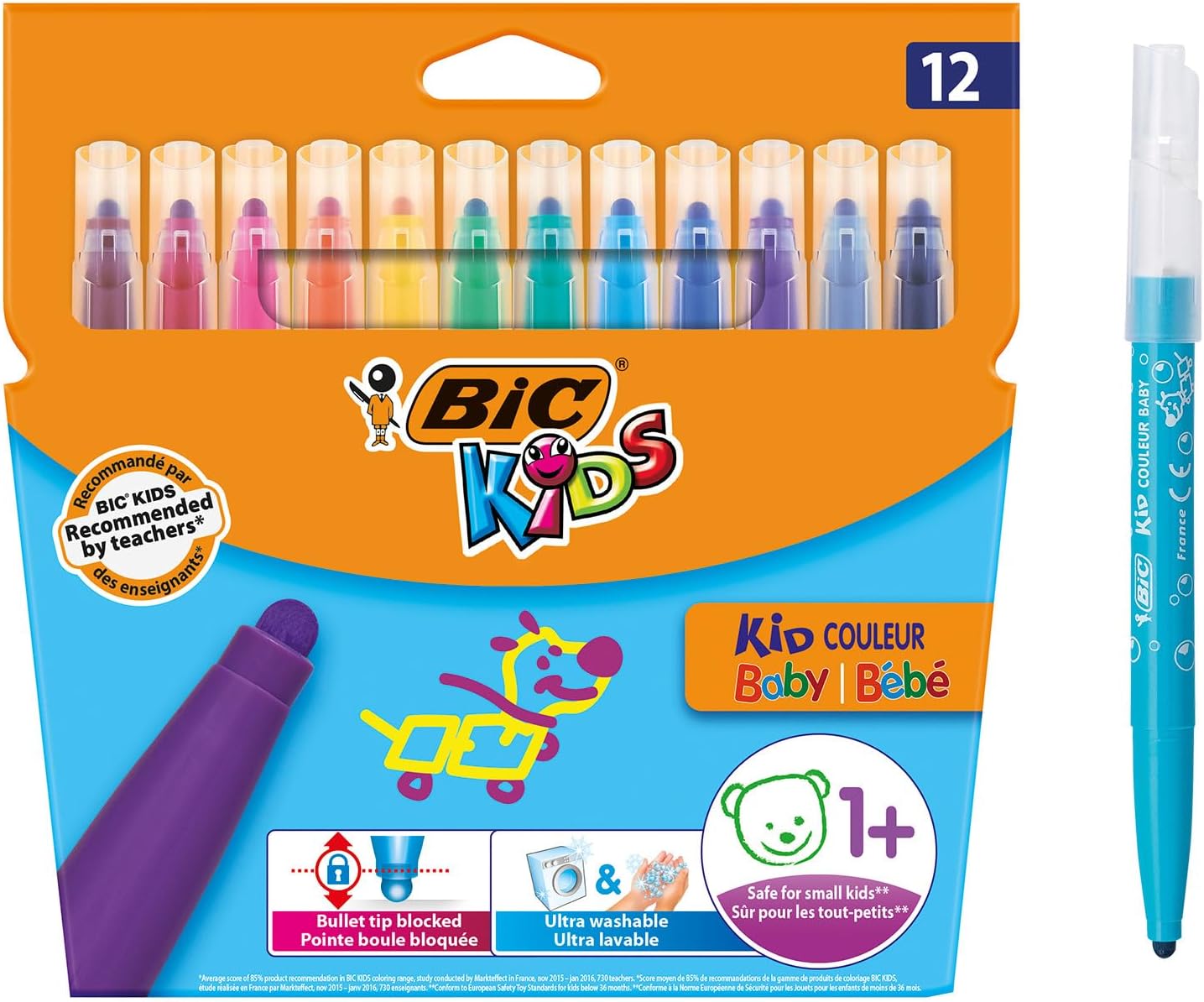 BIC Kids Kid Couleur Baby Colouring Pens 12 Pack, Multicolor