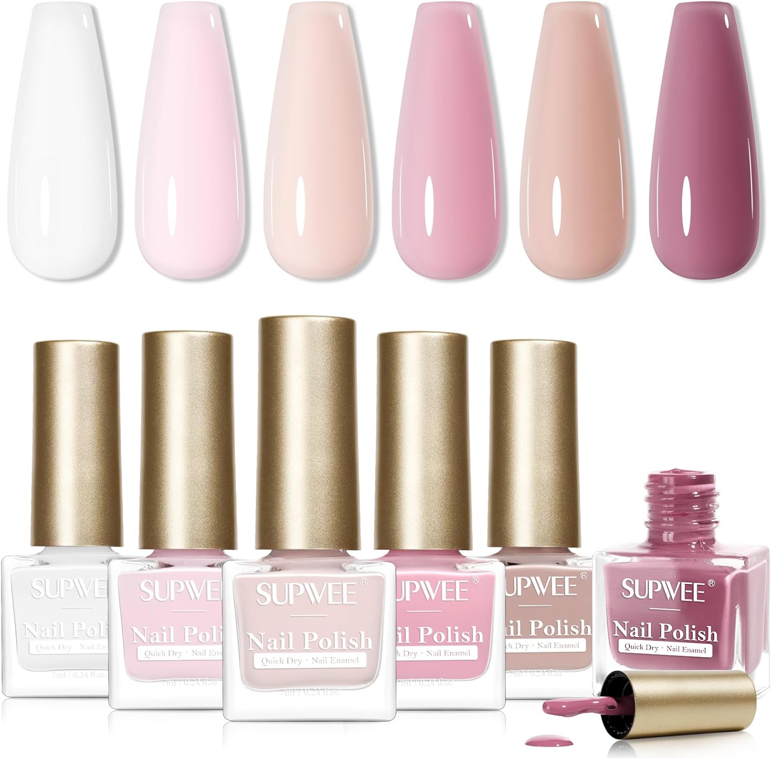 SUPWEE Nail Polish Set - 6 Colors Quick Dry White Nude Pink Nail Varnish Oil Base Nail Polish for Nail Art Home Salon 7ML