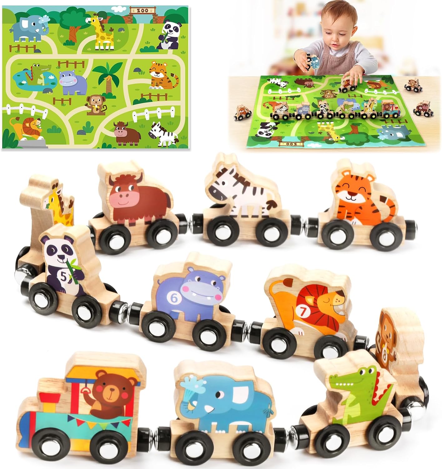 Toys for 1 2 3 Year Old Boys Girls, Montessori Toys Magnetic Wooden Train Set Gifts for 2-3-4 Year Old Boy Girl Educational Toddler Toy Birthday Presents Age 1+ Kids Animal Farm Games with Track Mat