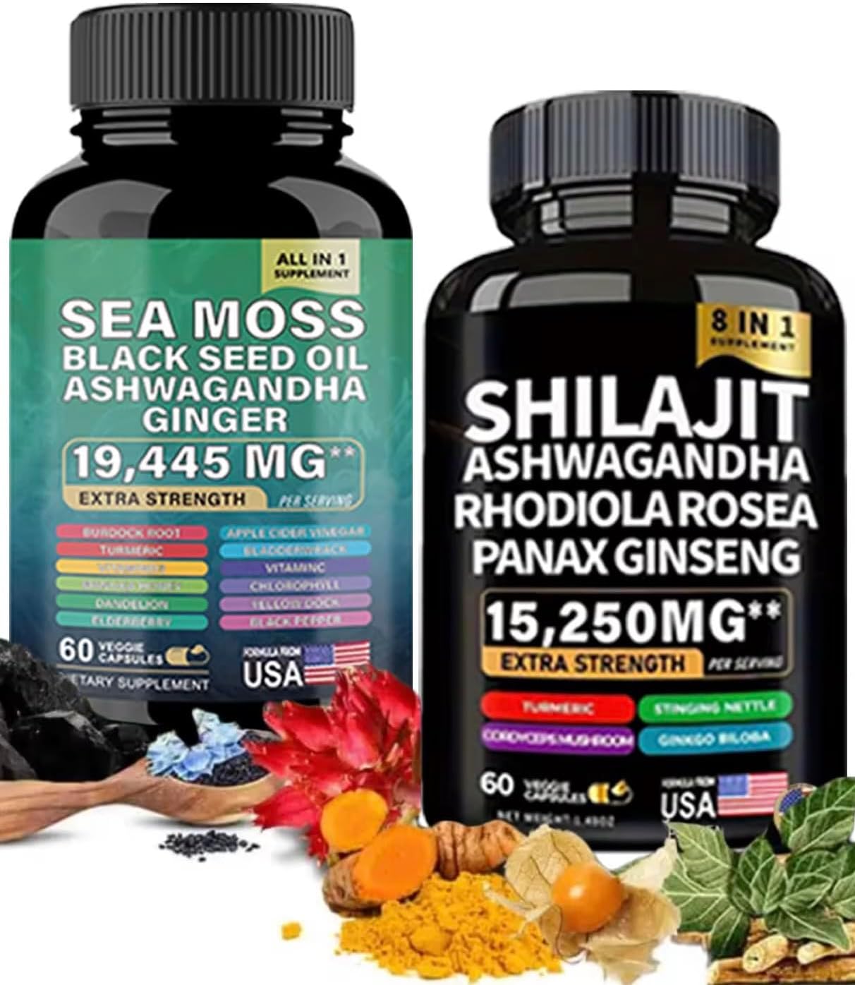 16-in-1 Sea Moss Herbal Supplement with Himalayan Shilajit, Ashwagandha, Rhodiola Rosea, Ginseng, 19445mg, 60 Veggie Capsules (60 Capsules, Shilajit + Sea Moss)