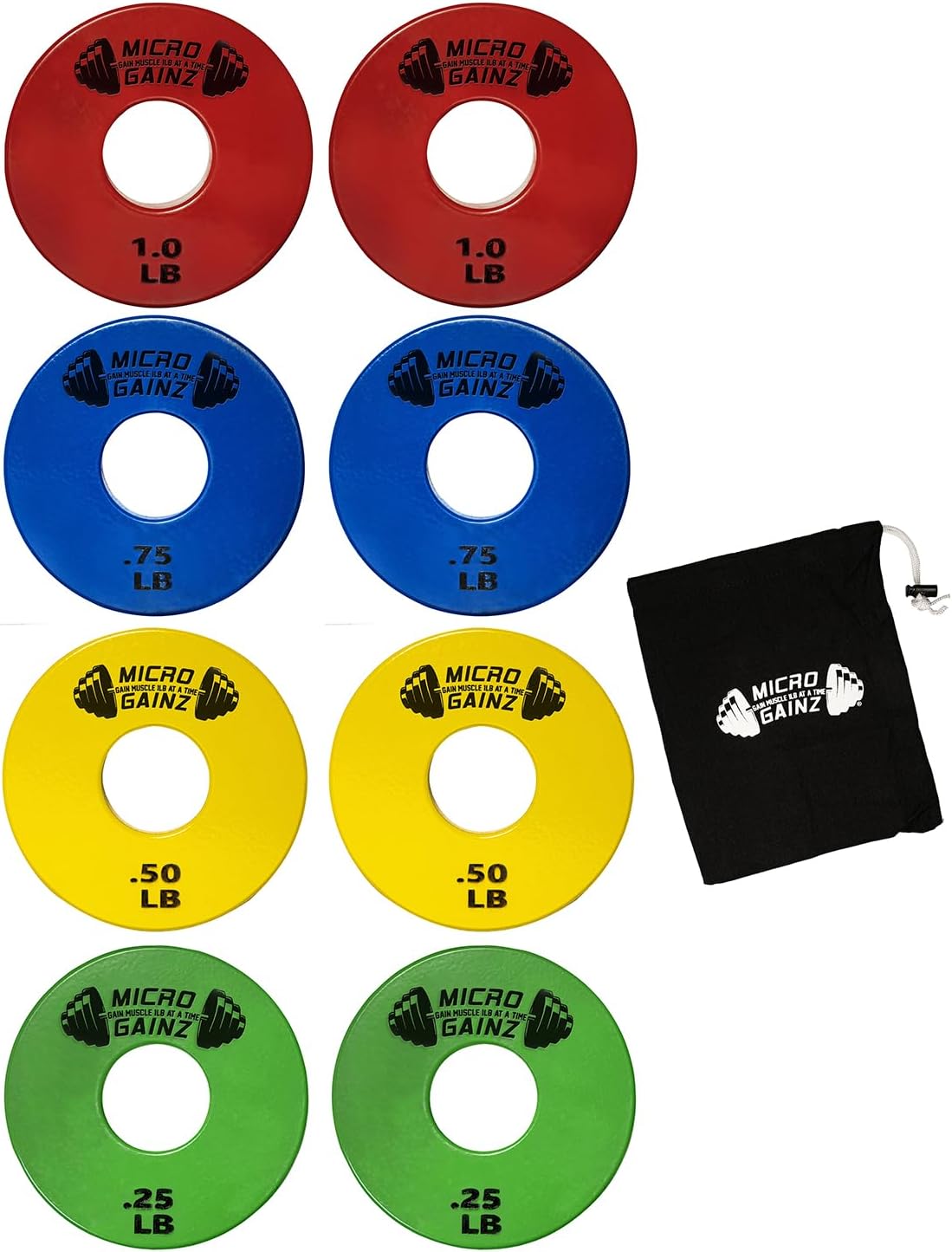 Micro Gainz Standard 1-Inch Center Hole Fractional 8 Piece Weight Plates with Bag, Designed for Standard 1-Inch Dumbbell & Barbell for Strength Training and Weight Lifting, Made in USA