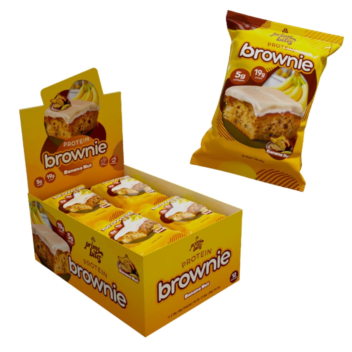 Prime Bites Protein Brownie, High Protein, Collagen Fortified Low Sugar Treat, Delicious Snack - 12 Bars per Box (Banana Nut)