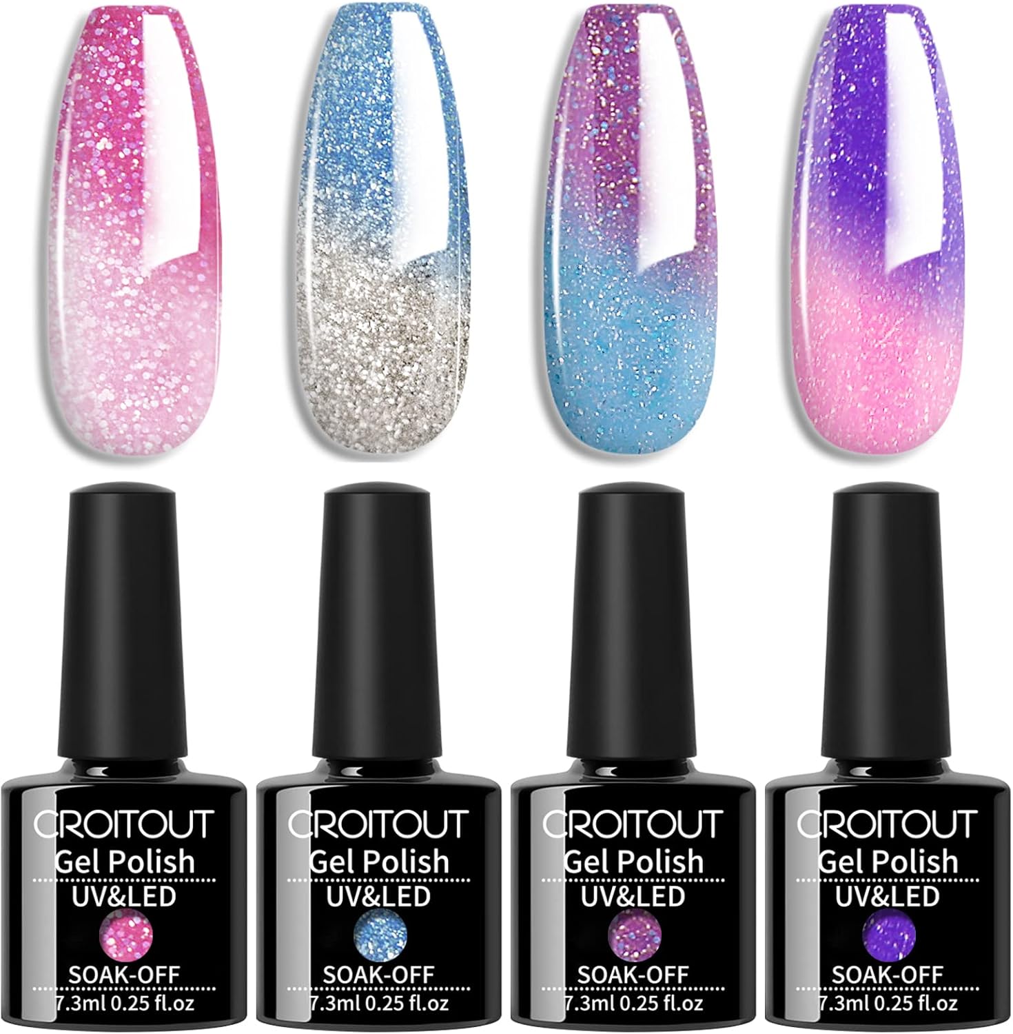 Croitout UV Gel Nail Polish, Gel Polish in Color-Changing Flavors, Long-Lasting, Glossy Finish - 4 x 7.3ml Each
