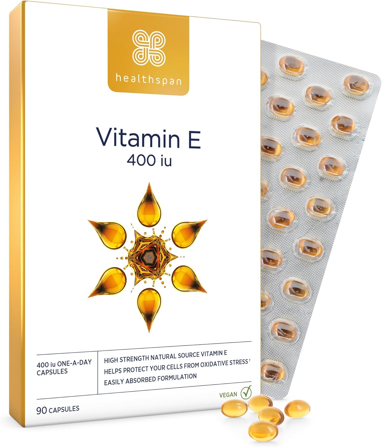 Healthspan Vitamin E 400iu | High Strength Formula to Combat Cell Damage | Sourced from Natural Vegetable Oils for Easy Absorption | Powerful antioxidant Support | Vegan (90 Capsules)
