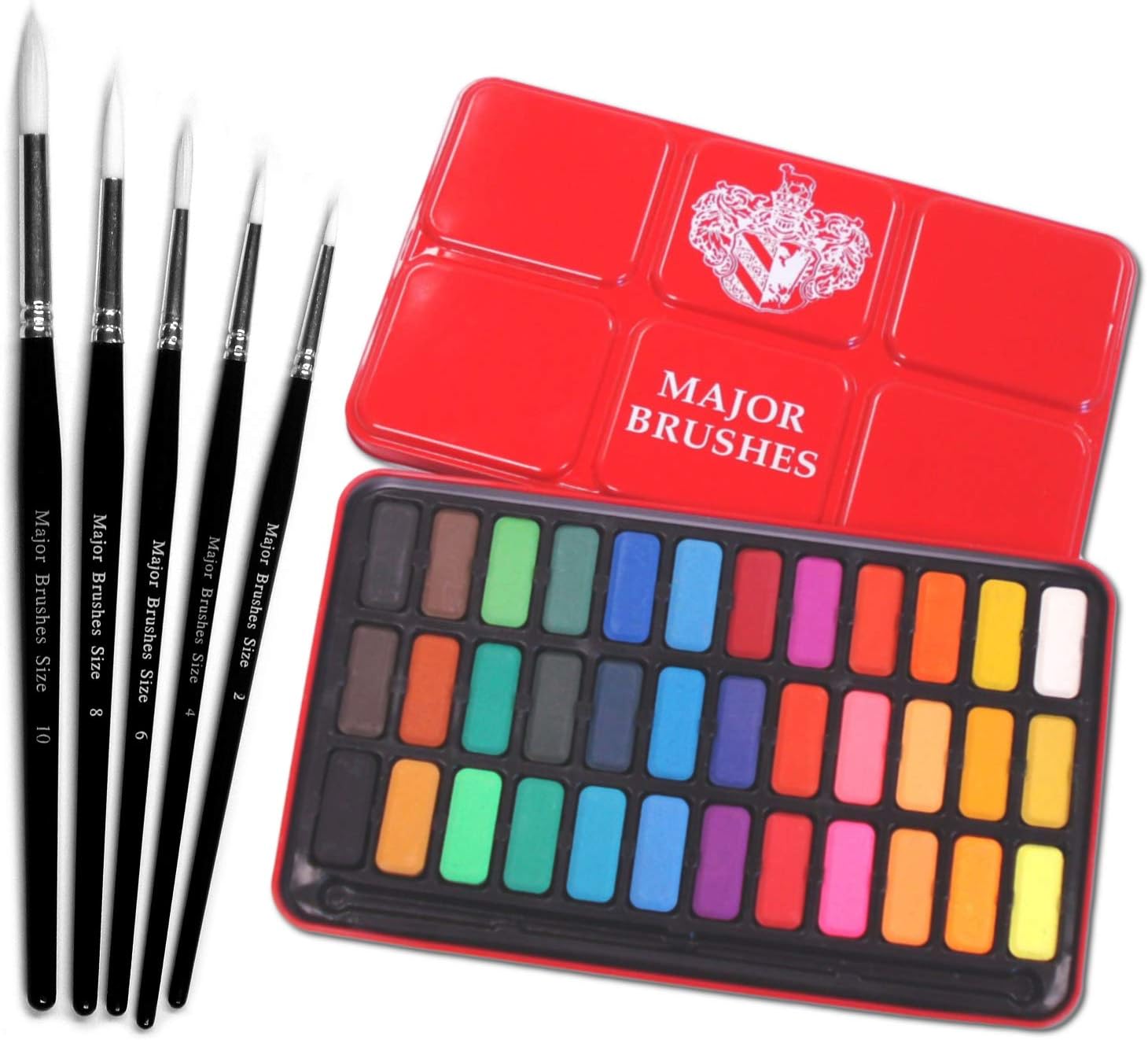 Major Brushes White Sable Round Brush Set of 5 Plus Artist Watercolour Paint Tin 36 Blocks Red Metal Lid