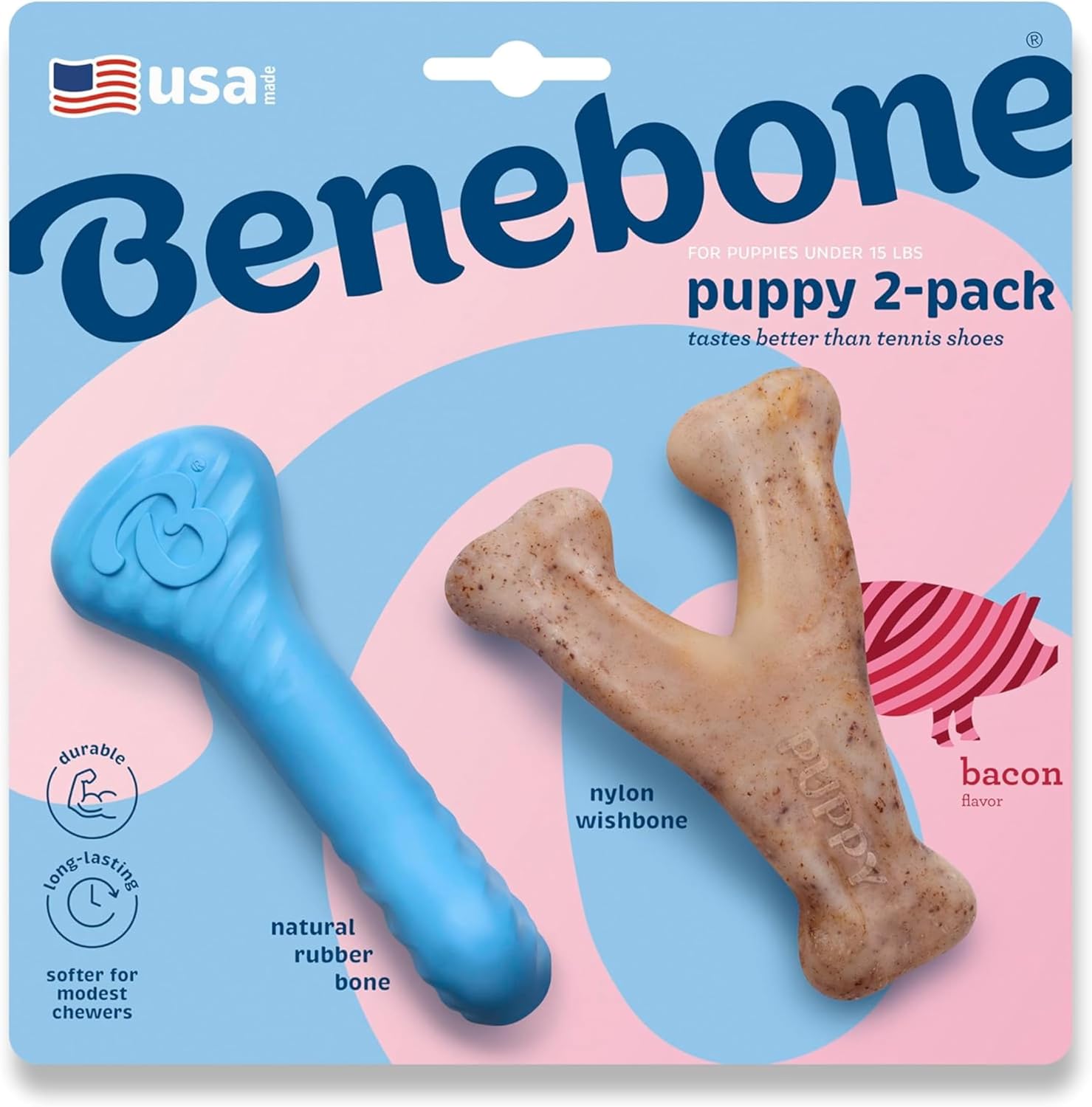 Benebone Puppy 2-Pack Rubber Bone/Wishbone Bacon Tiny