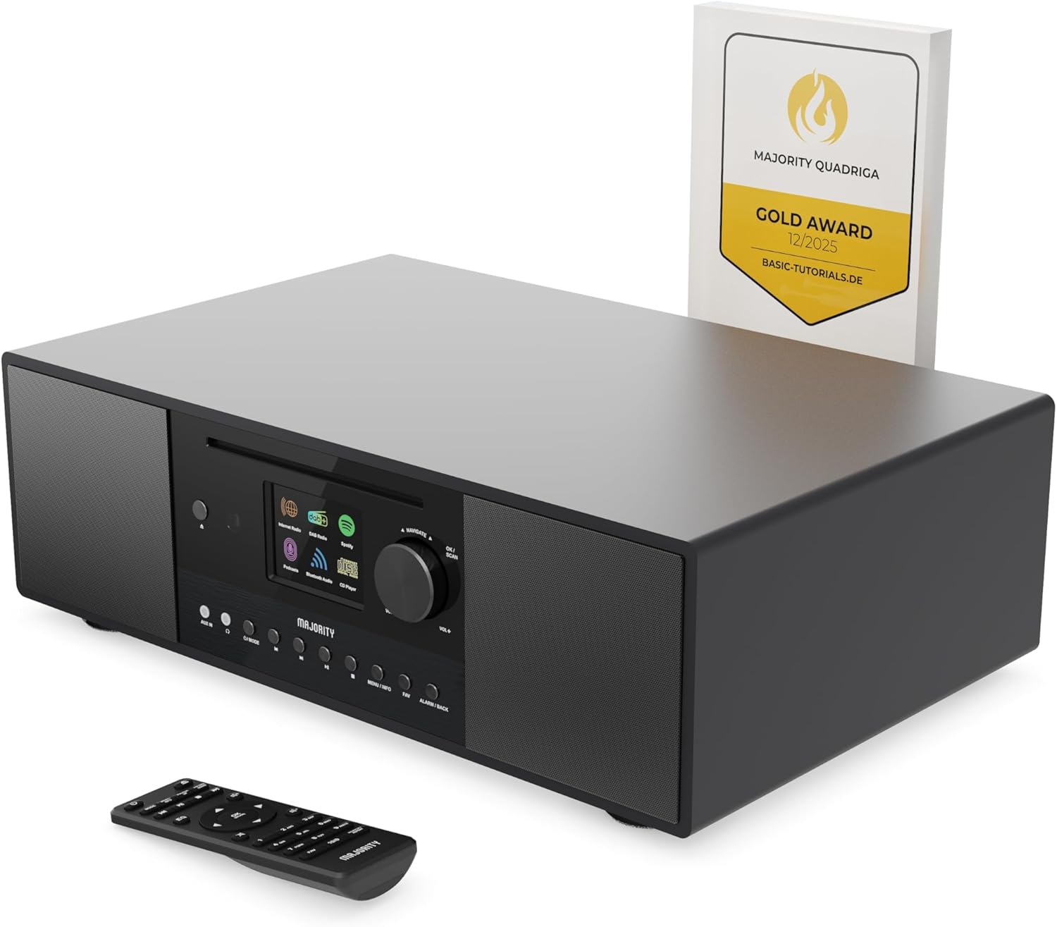 Internet Radio with DAB+ and CD Player | 120W 2.1 Stereo System with Inbuilt Subwoofer | Bluetooth Enabled | Spotify Connect & Podcasts | FM Radio| LED Colour Display | MAJORITY Quadriga (Black)