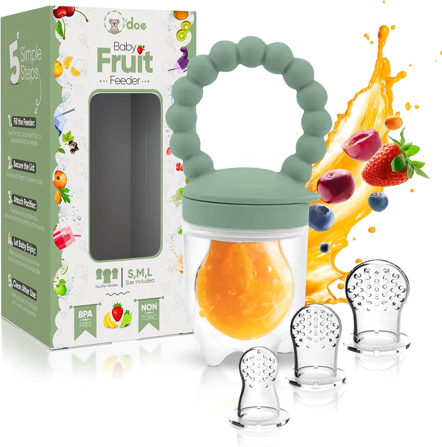 O’doe Baby Fruit Feeder | Teething Dummy & Baby Food Feeder Pacifier with 1 Feeder and 3 Nipples | BPA-Free, Food-Grade Fruit Feeder for Babies | Weaning Dummy (Green)