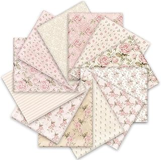 Whaline 12Pcs Spring Cotton Fabric Bundles 18 x 22 Inch Retro Floral Printed Fat Quarters Pink Flower Quilting Patchwork Squares Sewing Fabrics for DIY Handmade Crafting Home Party Decor