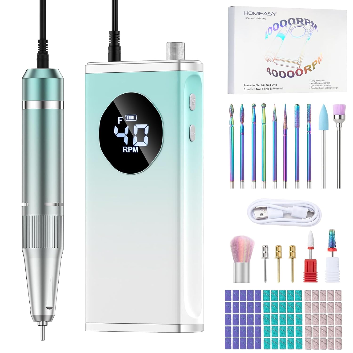 Electric Nail Drill, 40000RPM Professional E-Filer Rechargeable with 15 Drill Bits, Portable Nail File Electric Nail Filer for Acrylic Nails Gel Polishing Removing for Salon Home (Blue)