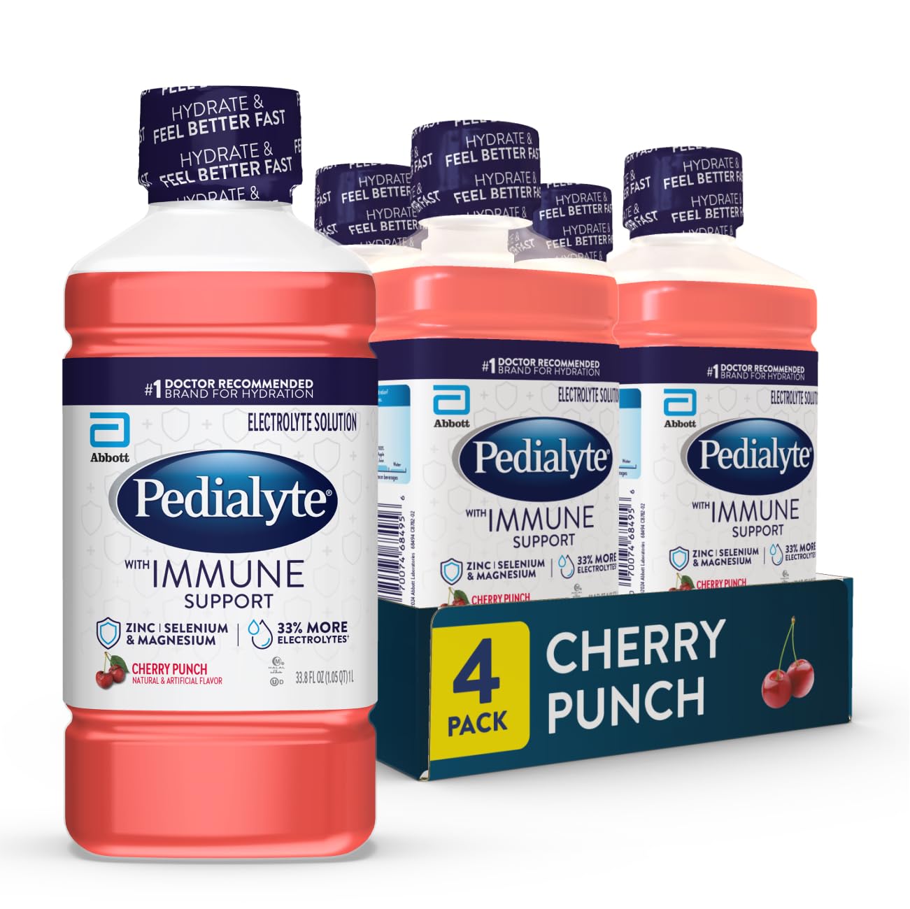 Pedialyte with Immune Support Electrolyte Solution, Hydration Drink with Zinc, Selenium, and Magnesium, Cherry Punch, 1 Liter, Pack of 4