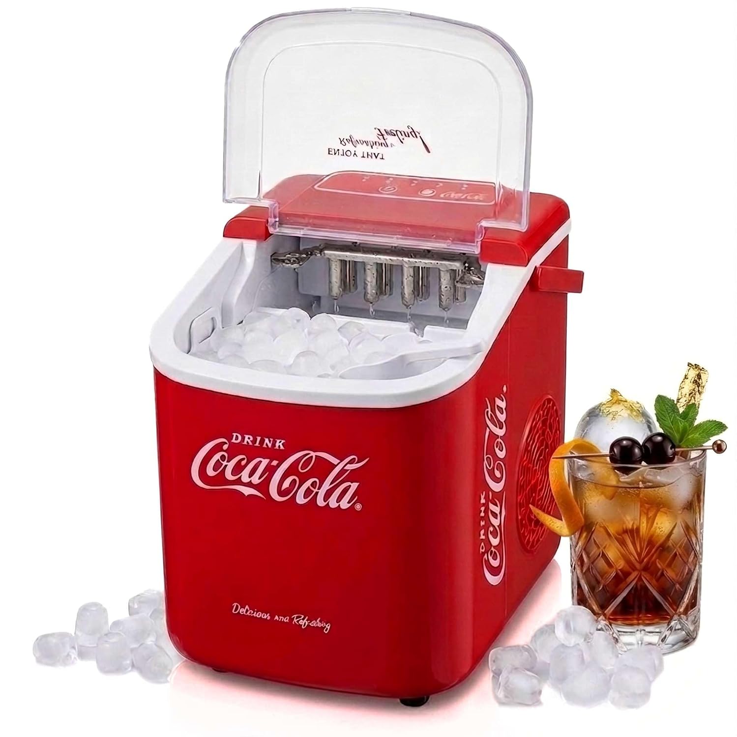 Coca-Cola Automatic Ice Cube Maker Machine SEB-28CC - 8-10kg in 24Hrs - 1.2L Tank Countertop Ice Machine - 2-Cube Size Settings - Self-Cleaning & Non Plumbed - Red