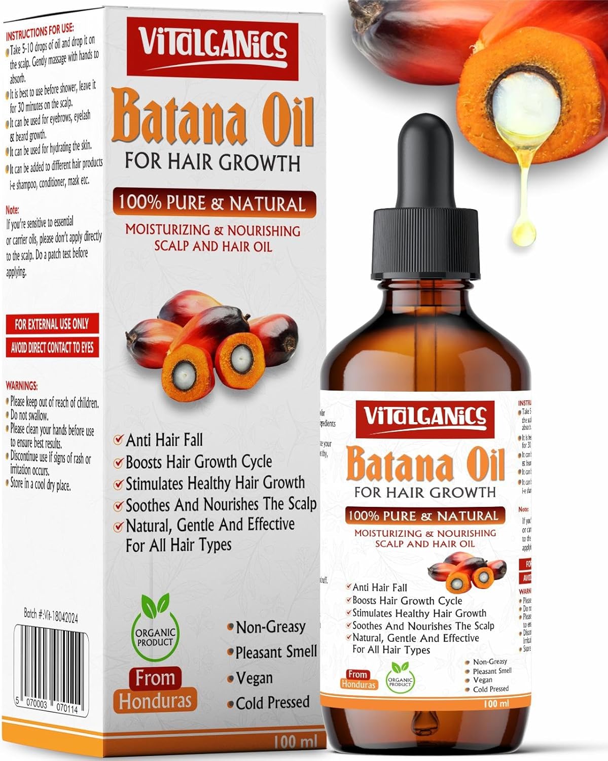 Vitalganics Batana Oil For Hair Growth Dr Sebi 100 Ml From Honduras; Organic & Pure Batana Hair Growth Oil; Nourishing Scalp Oil; Treat Damaged Hair With Raw Batana Oil; Natural Hair Oil For All.