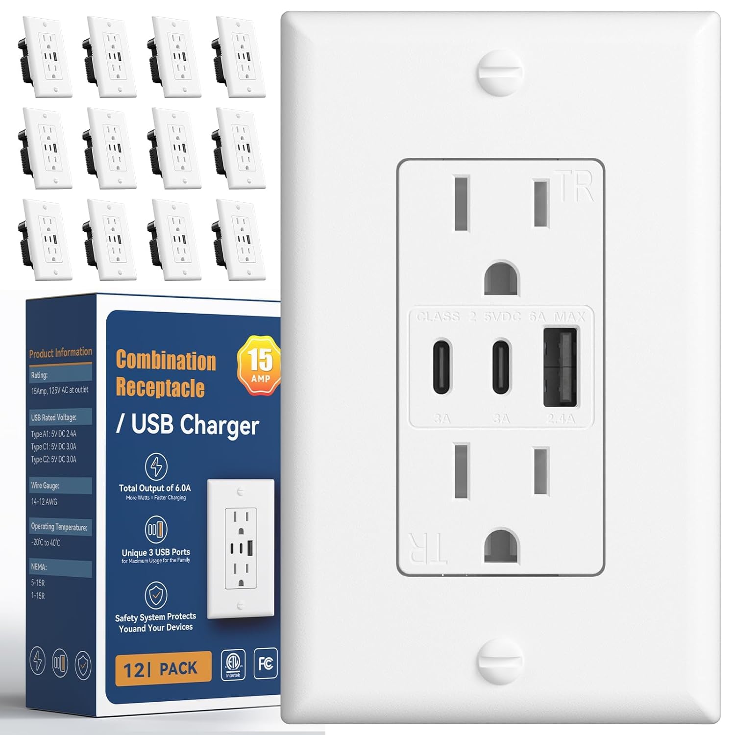 Amico 6.0A USB Outlet 12 Pack, 3-Port 30W Wall Outlets with 2 Type C & 1 Type A, 15 Amp Receptacle Plug, Tamper Resistant Receptacle, Wall Plate Included, ETL Listed, White