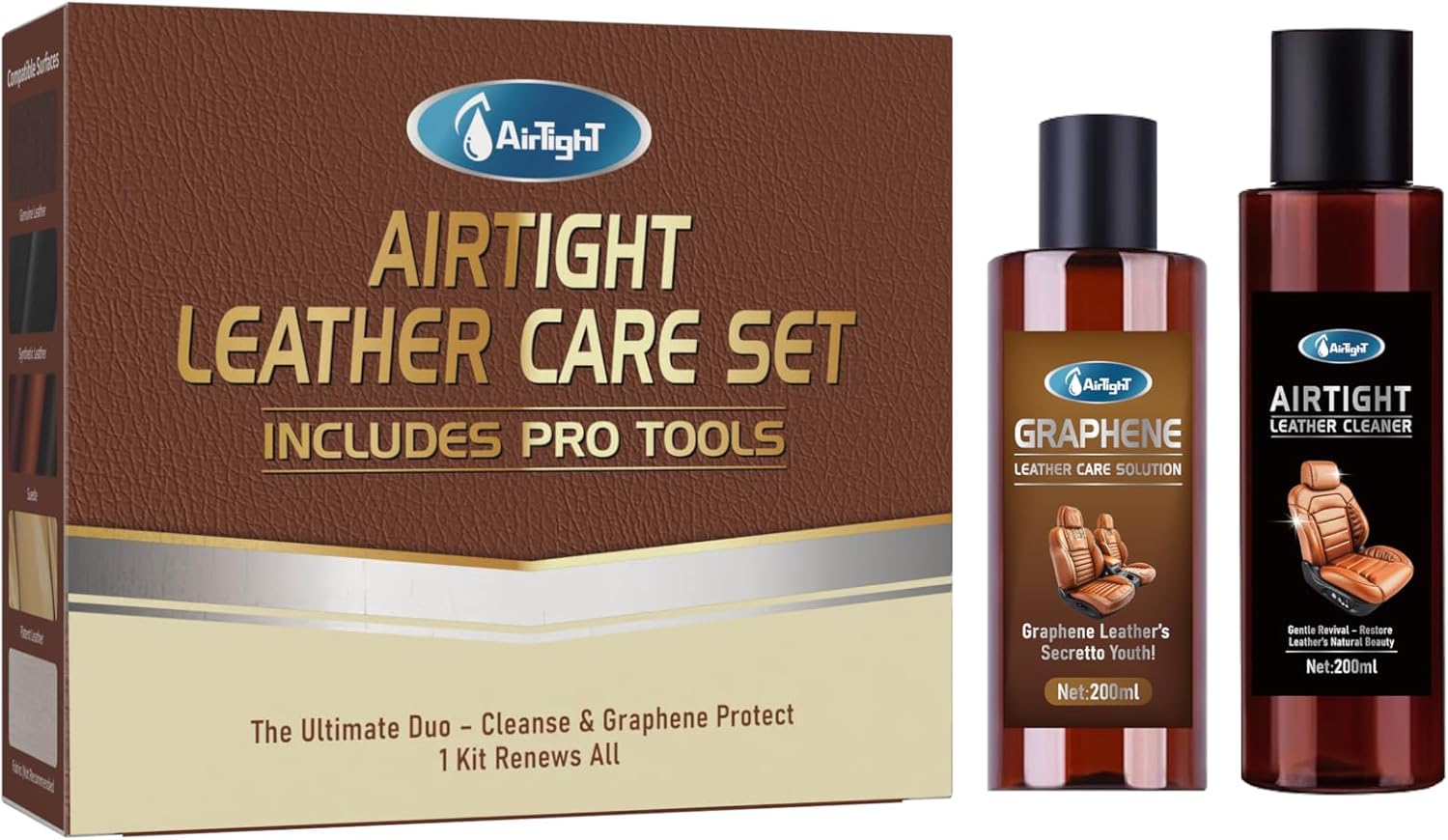 AirTighT Graphene Leather Cleaner and Conditioner Care Kit, Car Interior Seat Boot Shoe Cleaner Furniture Couch Conditioner, Safe of Leather