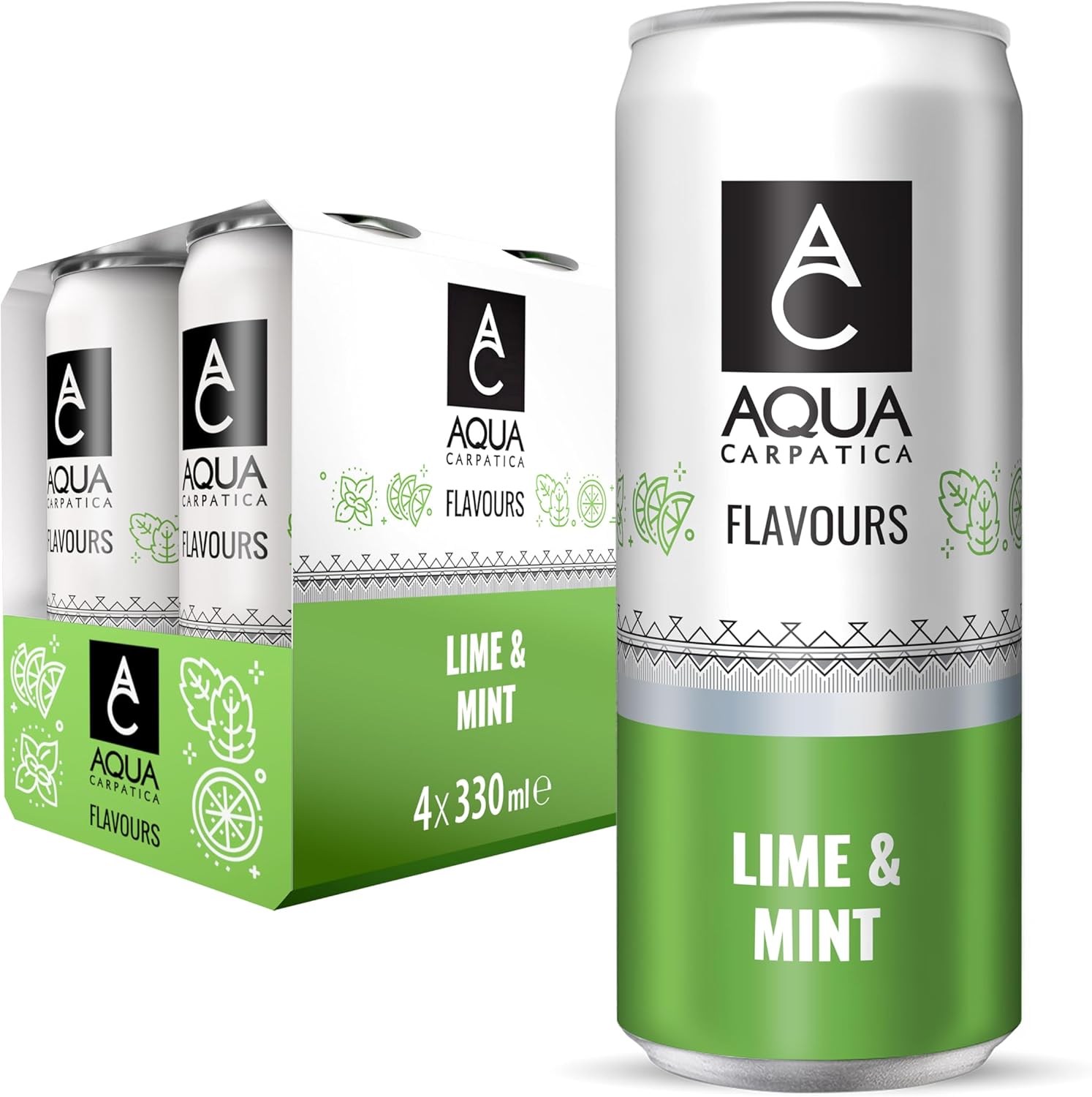 AQUA Carpatica Sparkling Flavours Lime & Mint 330ml x 4 - Natural Fruit Juice Infused Sparkling Water, No Added Sugar, Naturally Alkaline, Sweetened with Agave Syrup, Rich in Minerals