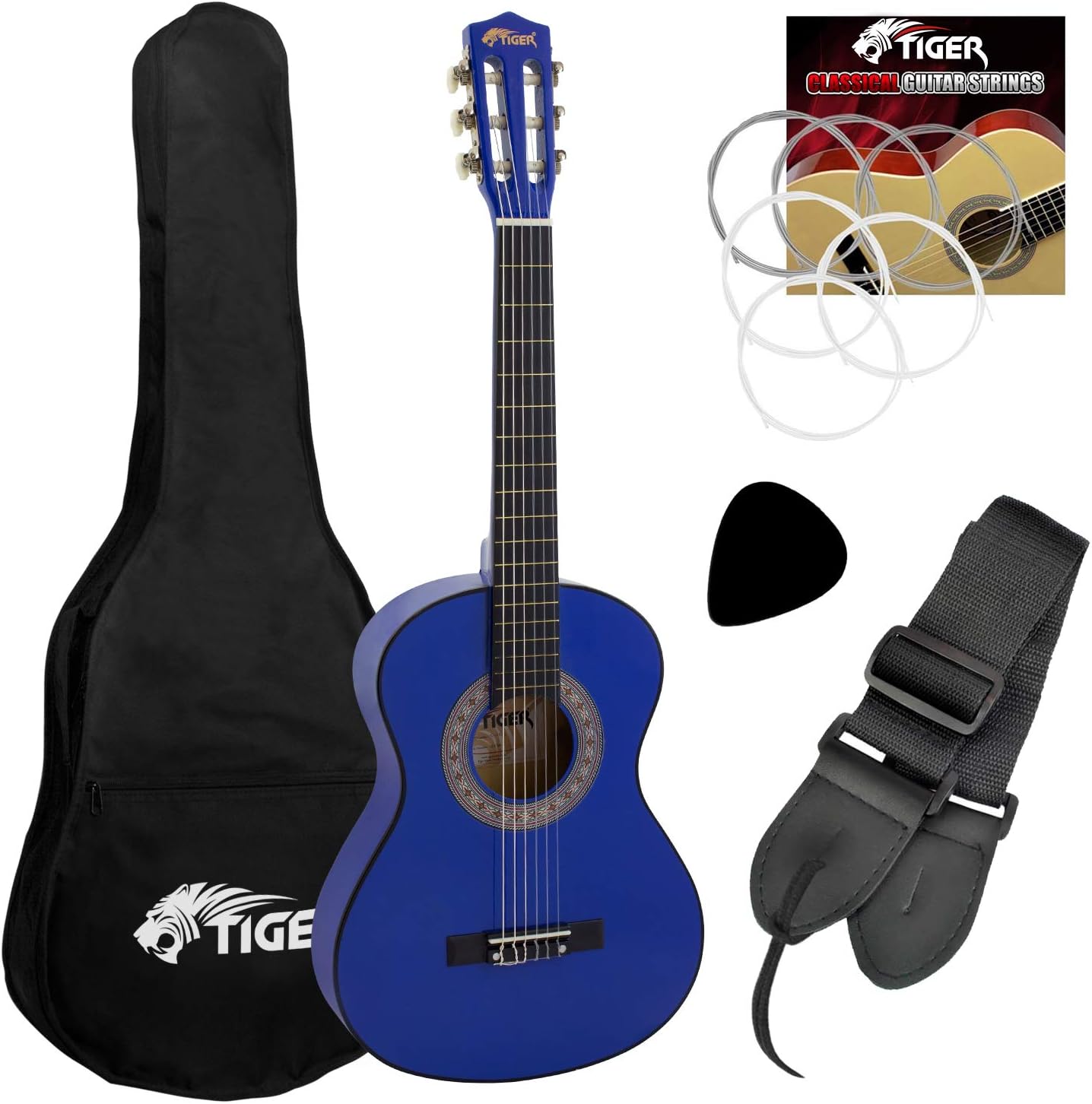 TIGER CLG6-BL Beginner 1/2 size Classical Guitar Pack - including Gig Bag, Spare Nylon Strings and Guitar Pick - Blue - Now with 6 Months Free Lessons Included