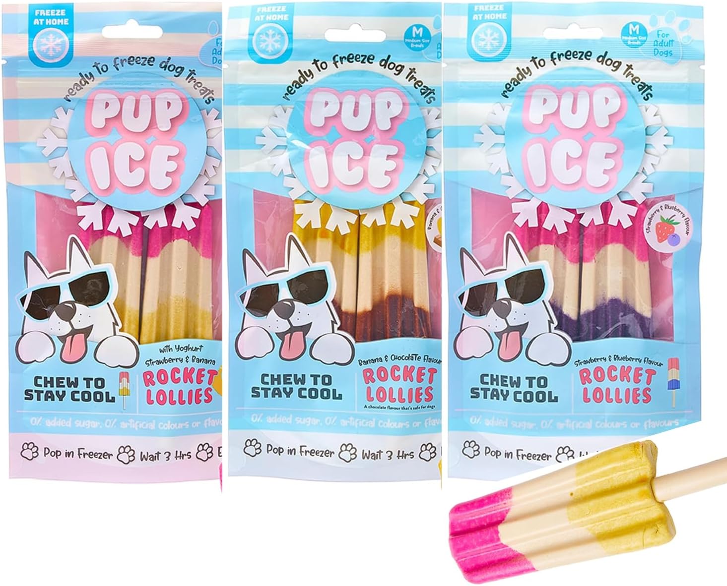 SPOT Pup Ice Ready to Freeze at Home Dog Treats-Edible Chews for Medium Breed Dogs & Puppies with Real Chicken | 3 Pack Bunlde Edible Dog Treats (Strawberry, Choclate & Bannana) 6 Psc