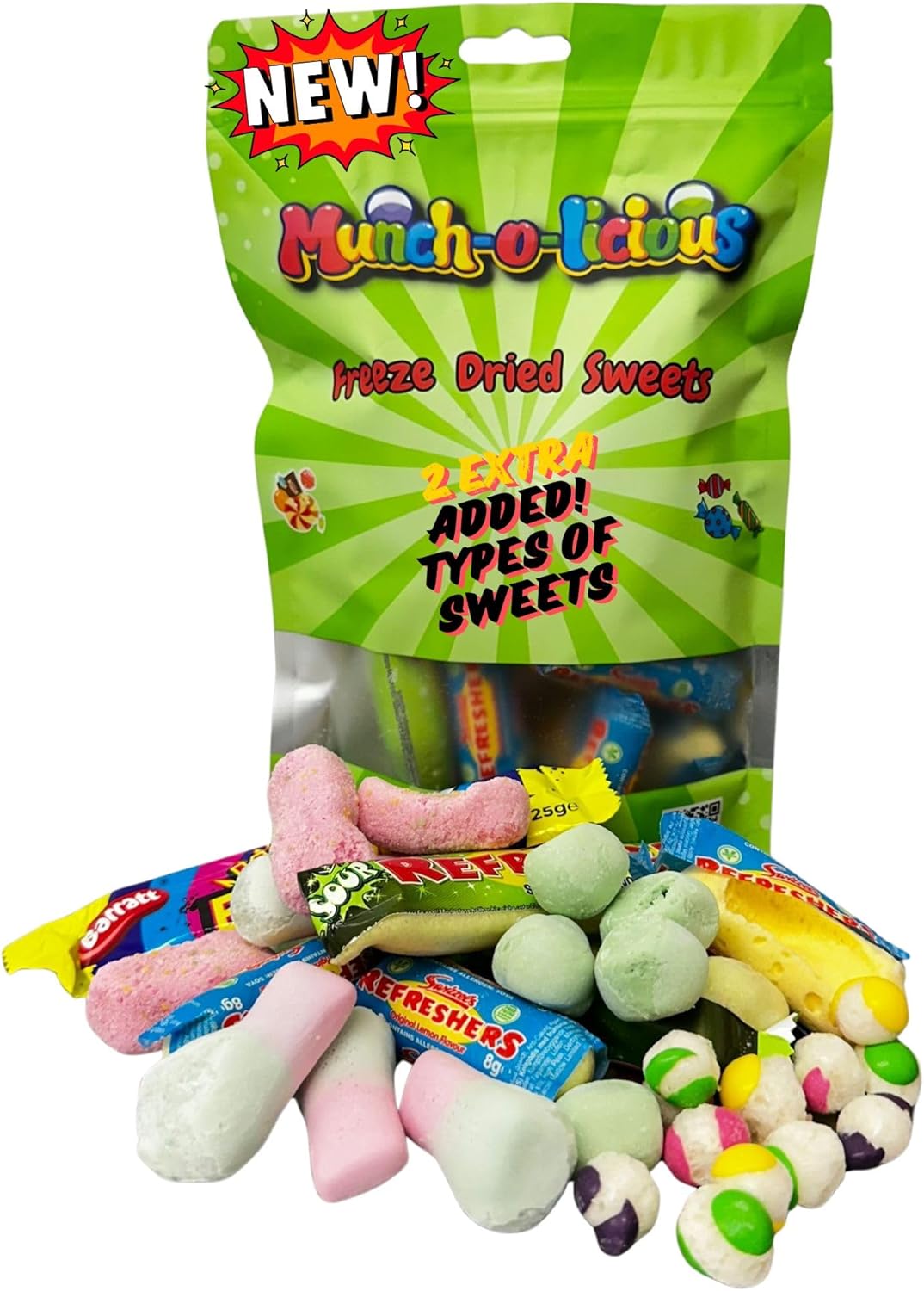 Munch-o-licious Freeze Dried Sweets - NEW 120g - 7 Types/Squashies/Lemon Refresher/Skittles/Chewits/Wham bar/Wham Tastic/Apple refresher