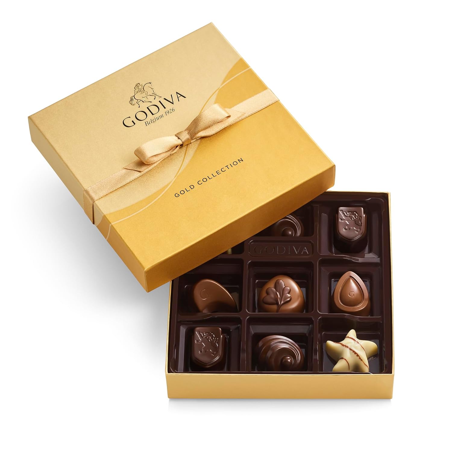 Godiva Chocolatier Gold Ribbon 9-Piece Assorted Chocolate Gift Box – Gourmet Chocolate Candy Variety Pack – Dark Caramel, Milk Chocolate, Nuts– Gift Basket for Congratulations, Birthday and Anniversary