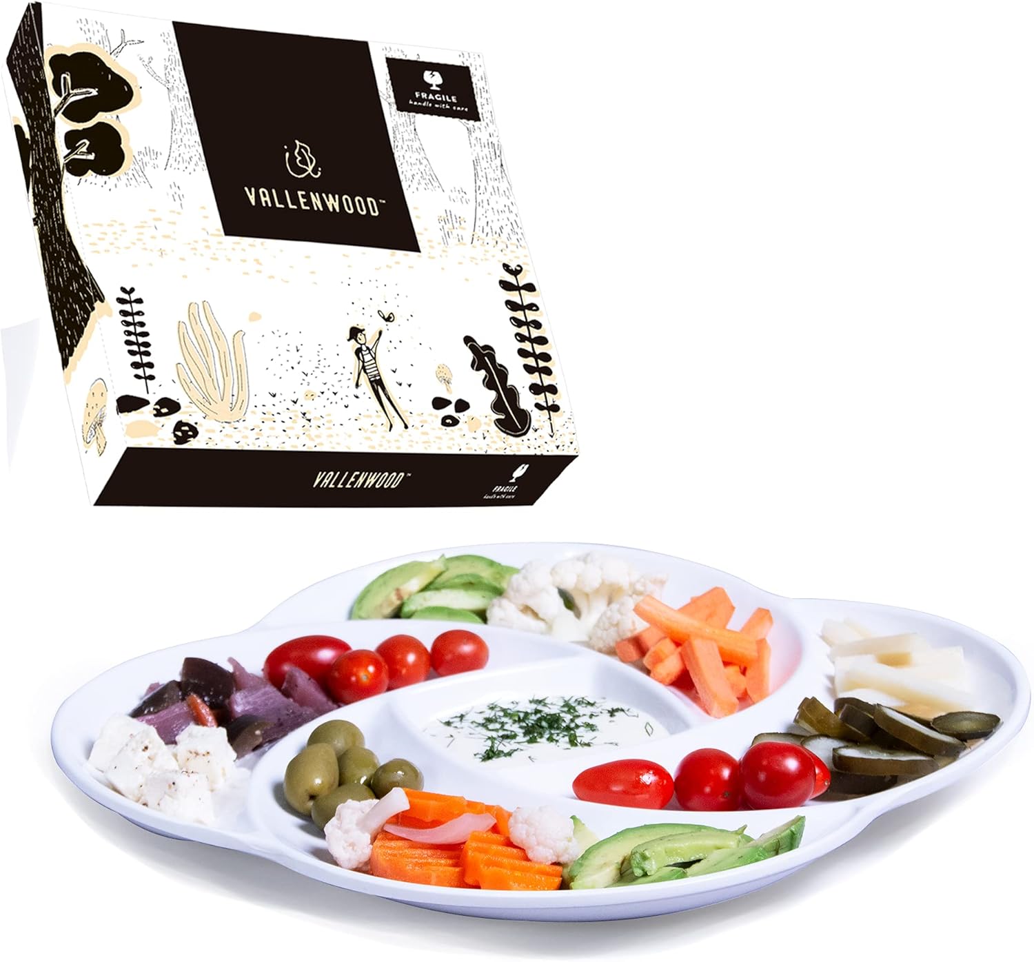 1 Ecology Reusable Non Disposable White Veggie Tray for Partys. 13 in, Unbreakable Melamine Not Plastic. Appetizer Sectioned Platter. Vegetables and Fruits. Chip and Dip Serving Dish for entertaining.