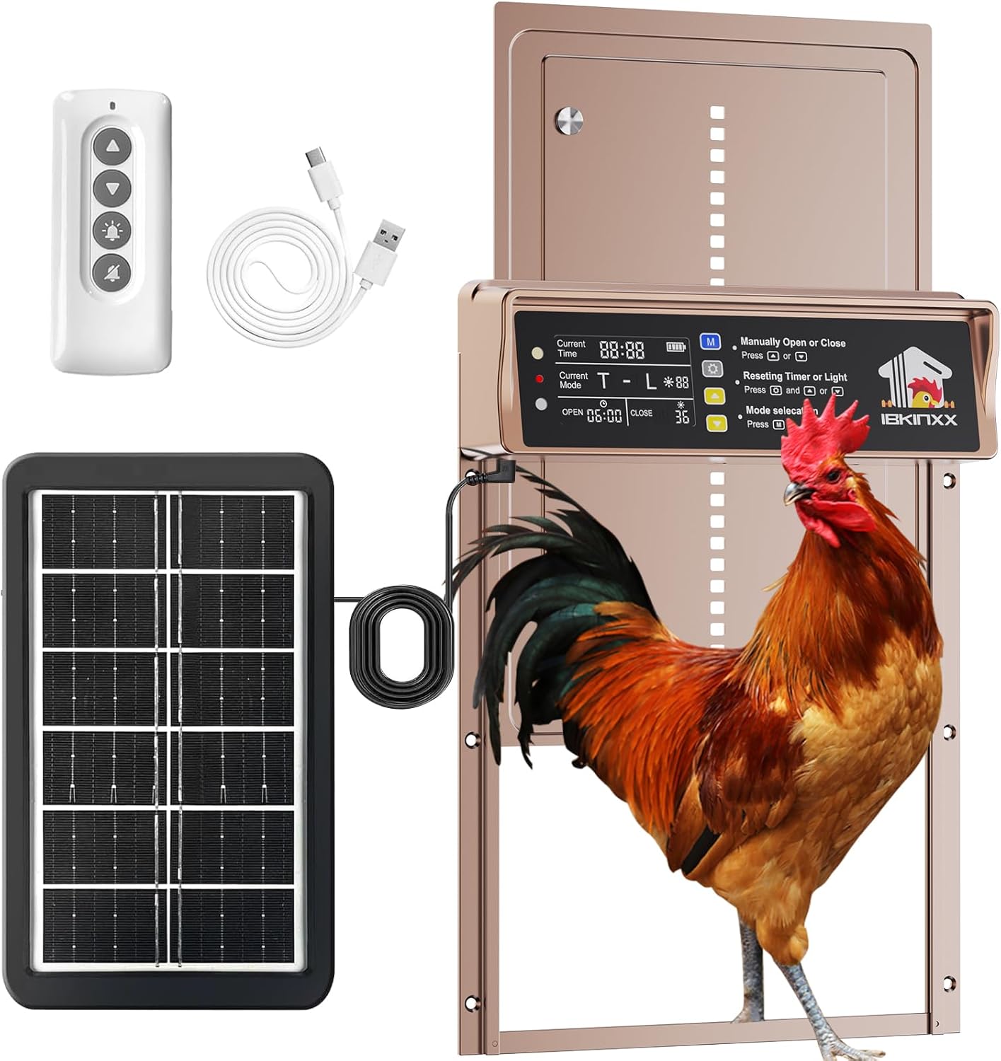 Automatic Chicken Coop Door Solar Powered with Timer & Light Sensor, LCD Display, Remote Control, 4 Modes Aluminum Alloy Auto Chicken Coop Door Solar, Anti-Pinch & Weather Proof, Gold