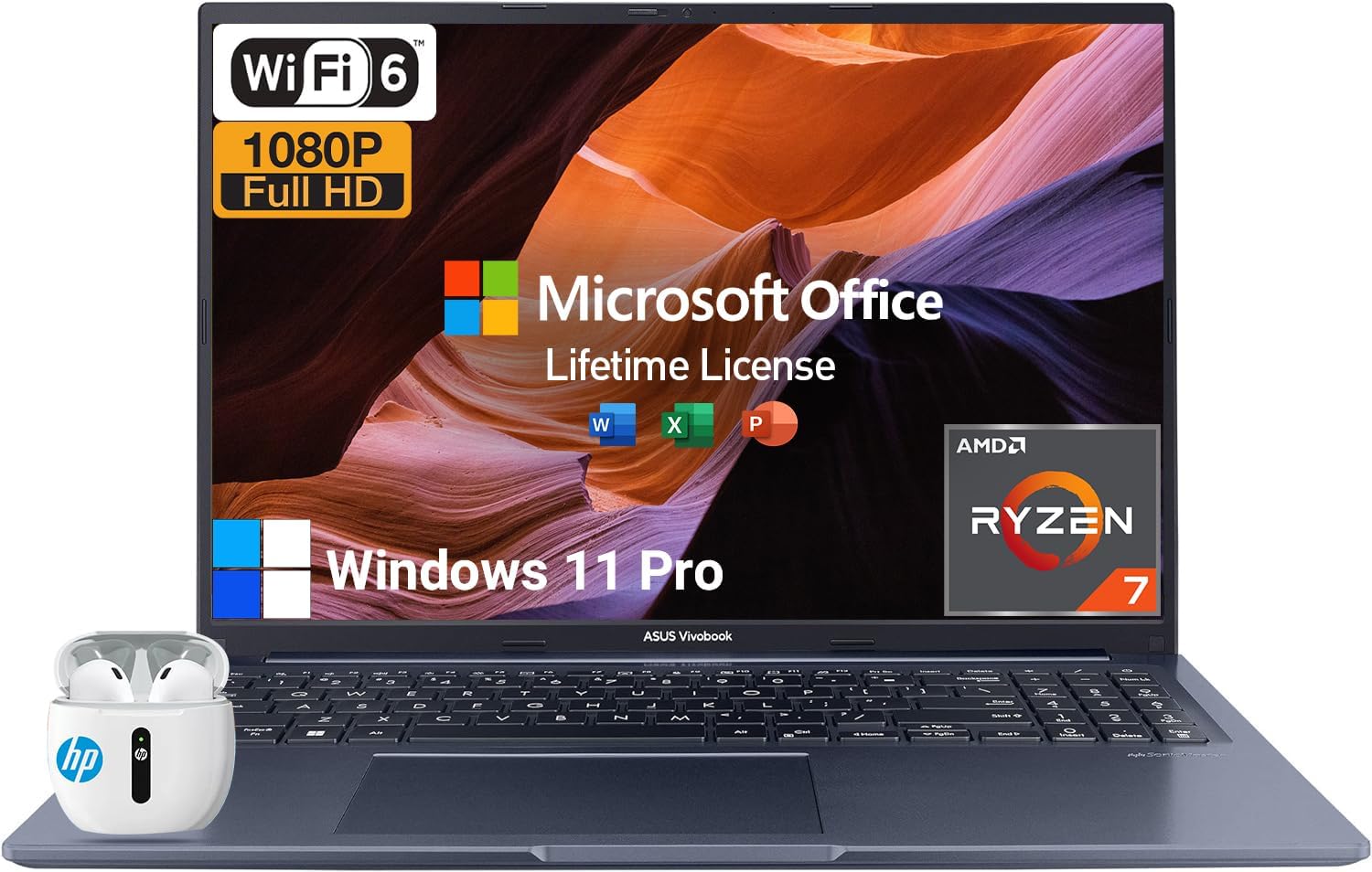 ASUS Vivobook 16X, 16 Inch WUXGA Business Laptop Computer, AMD Ryzen 7 Laptop Microsoft Office Lifetime|16GB RAM 1TB SSD|Windows 11 Pro Laptop Notebook PC|10-Key Number Pad|Webcam,HDMI|Wi-Fi 6|USB-C