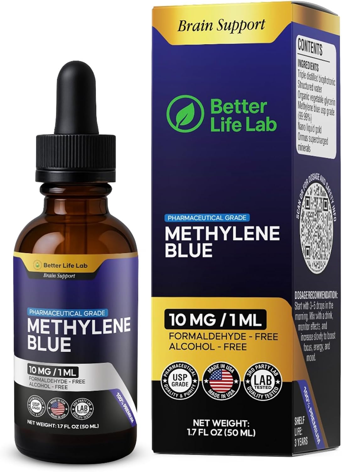 Methylene Blue Pharmaceutical Grade 99.99% with Dropper, Health Dietary Methylene Blue Supplement for Humans, USP Grade Quality Drops, No Formaldehyde, Made in USA (1% 50ml Bottle)
