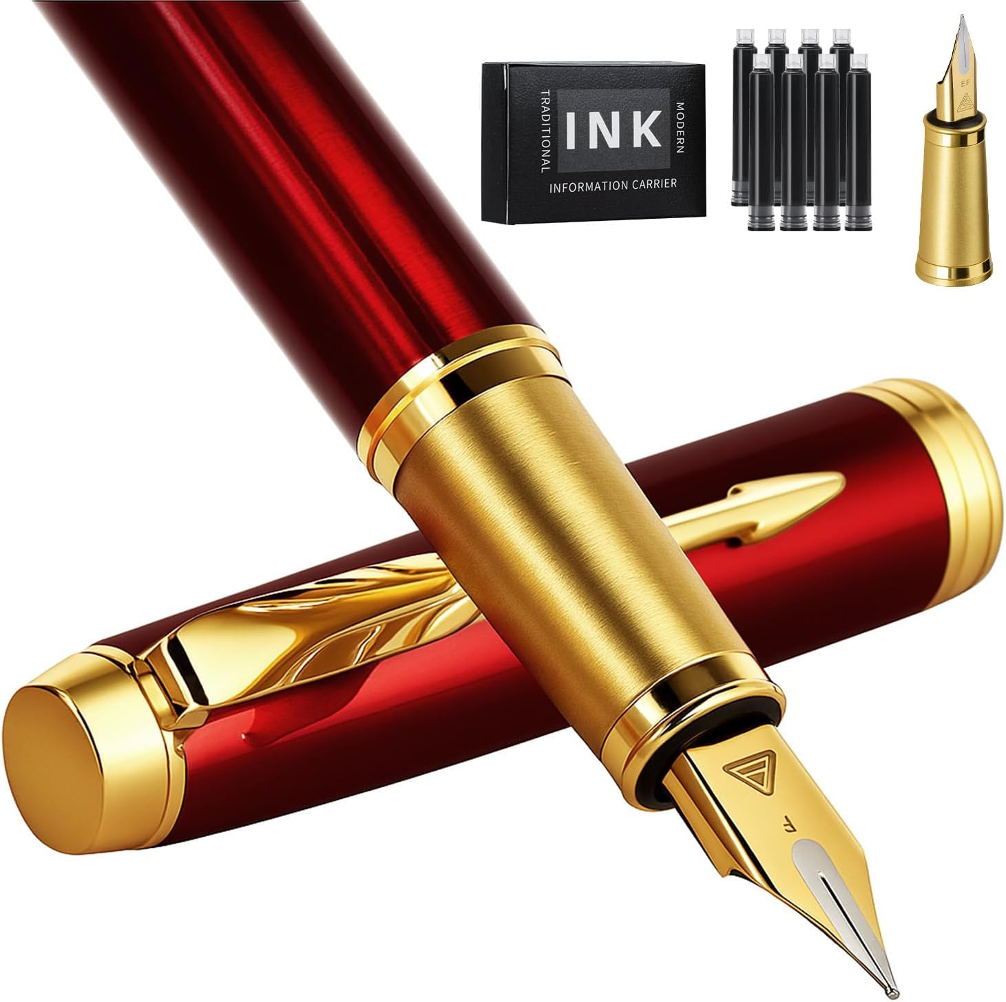 Fountain Pen, luxury pens,Fine point smooth writing pens for journaling fancy pens with Gift Case 10 black ink cartridges an ink converte nice pens metal pen writer gifts(Red)