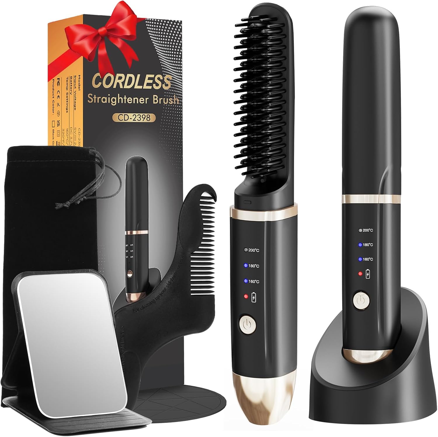 UNIWA Beard Straightener for Men, Portable Cordless Hair Straightener, Anti-Scald Heated Beard Brush, Advanced Ionic Electric Hot Comb Tooth for Beard,Mini Wireless Straightener with Charging Base