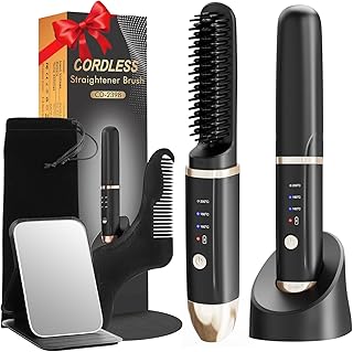 UNIWA Beard Straightener for Men, Portable Cordless Hair Straightener, Anti-Scald Heated Beard Brush, Advanced Ionic Electric Hot Comb Tooth for Beard,Mini Wireless Straightener with Charging Base