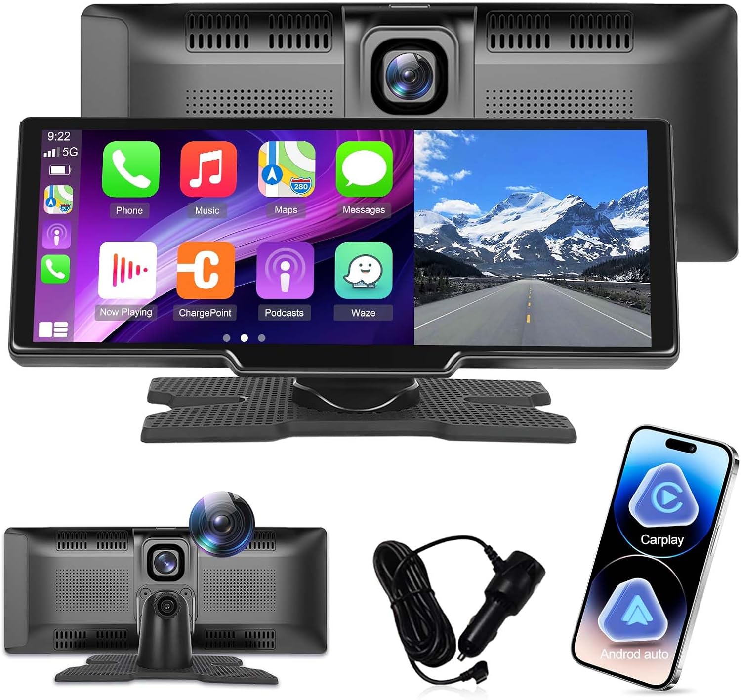 Wireless Portable Carplay Screen for Car - 9.3 inch HD Android Auto Screen GPS Navigation Dash Mount - Build-in Camera, Intelligent Voice Control, FM Transmit, Bluetooth Drive Mate