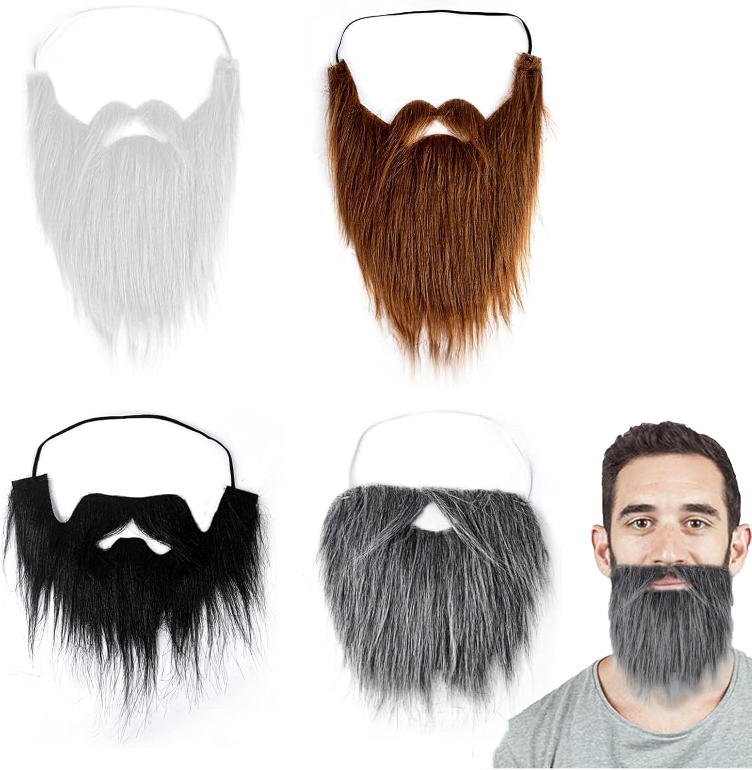 4 PCS Fake Beards, Halloween Beard with Elastic Strap, False Beards and Moustaches, Easter White Long Hair, Black Beard, Fake Beards Adjustable Costume Beard Party (Black, Orange, White, Gray