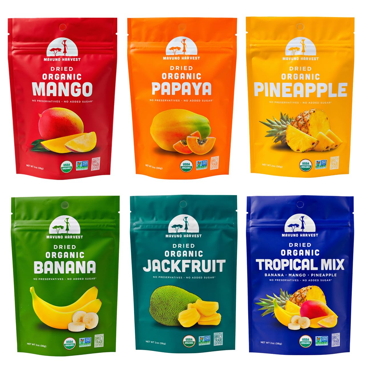 Mavuno Harvest Organic Dried Fruit Variety Pack | Dried Mango, Papaya, Pineapple, Banana, Jackfruit, & Tropical Mix | Healthy, Vegan, No Sugar Added, Non GMO Snacks for Kids & Adults | 2 Ounce, 6 Pack