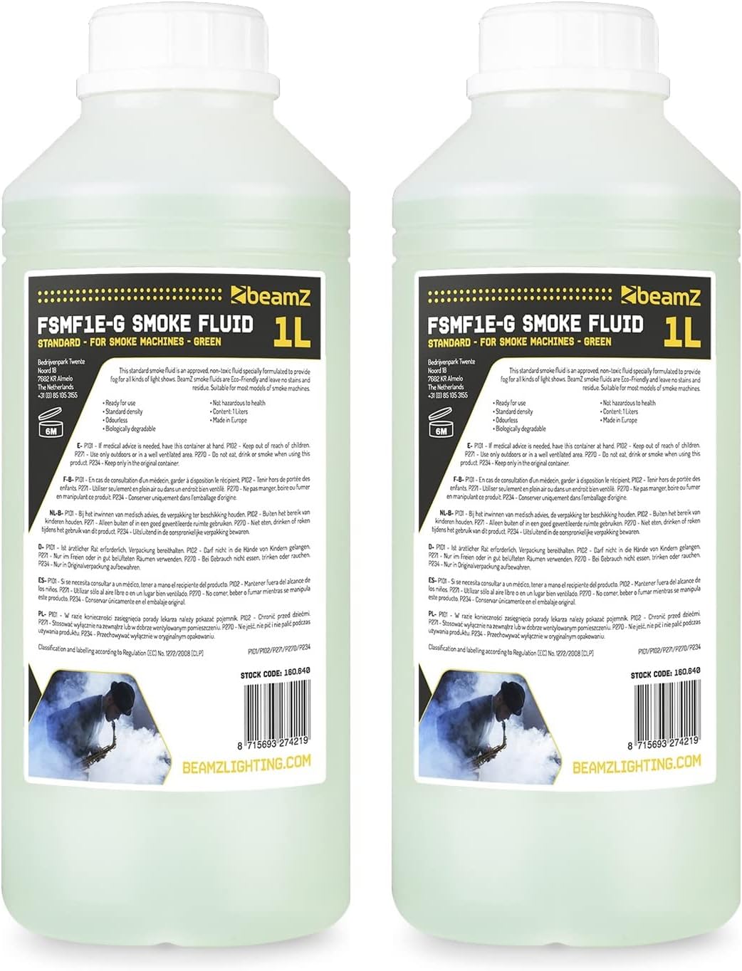 beamz Smoke Machine Fluid Bundle - 2x 1L Eco Water-Based Fog Juice Liquid, Non-Toxic White Smoke Effect for Parties, Events, Halloween & DJ Stage Atmosphere