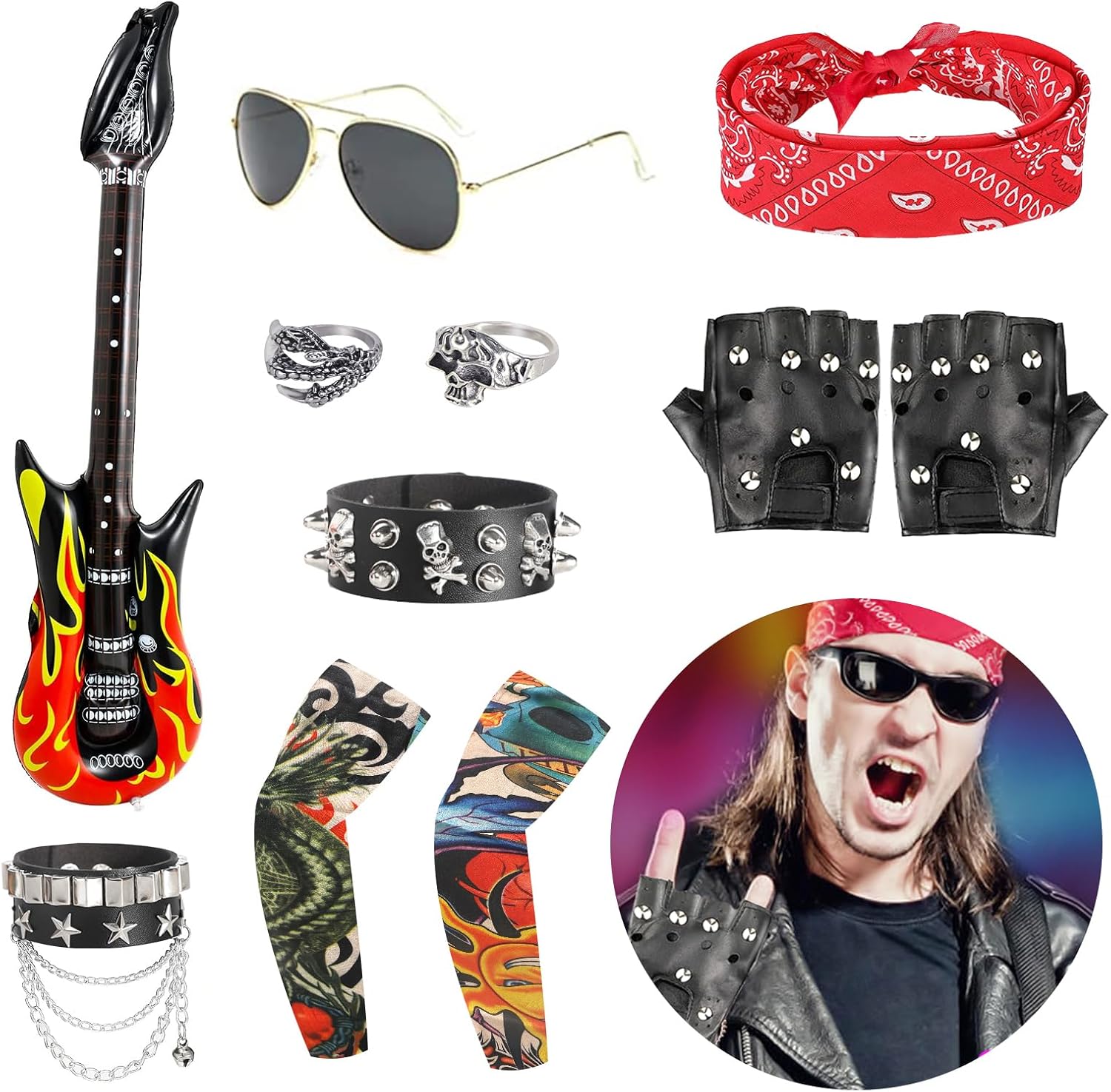 FASBET 11Pcs Rock Star Heavy Metal Set for Men Kids, includes 1 glasses 2 sleeves 2 rings 2 bracelets 2 gloves 1 inflatable guitar 1 headband, Disco Rock Star Fancy Dress Kids Boys and Girls Costume