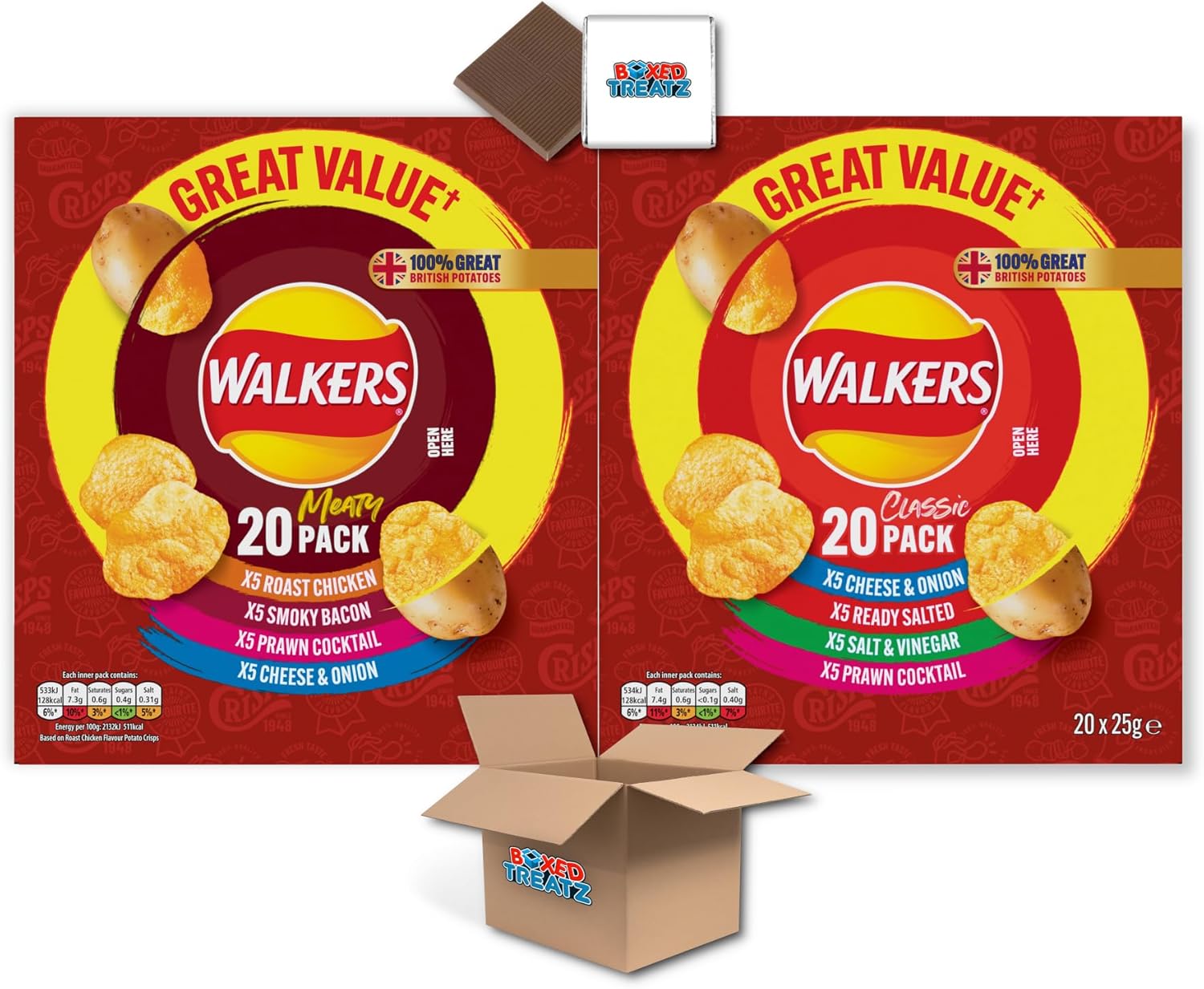Walkers Variety Multipack Crisps Bundle 40X25G Multipack Of Walkers Classic And Meaty Variety Crisps Contains 7 Flavours Party Snack Bundle Boxed Treatz