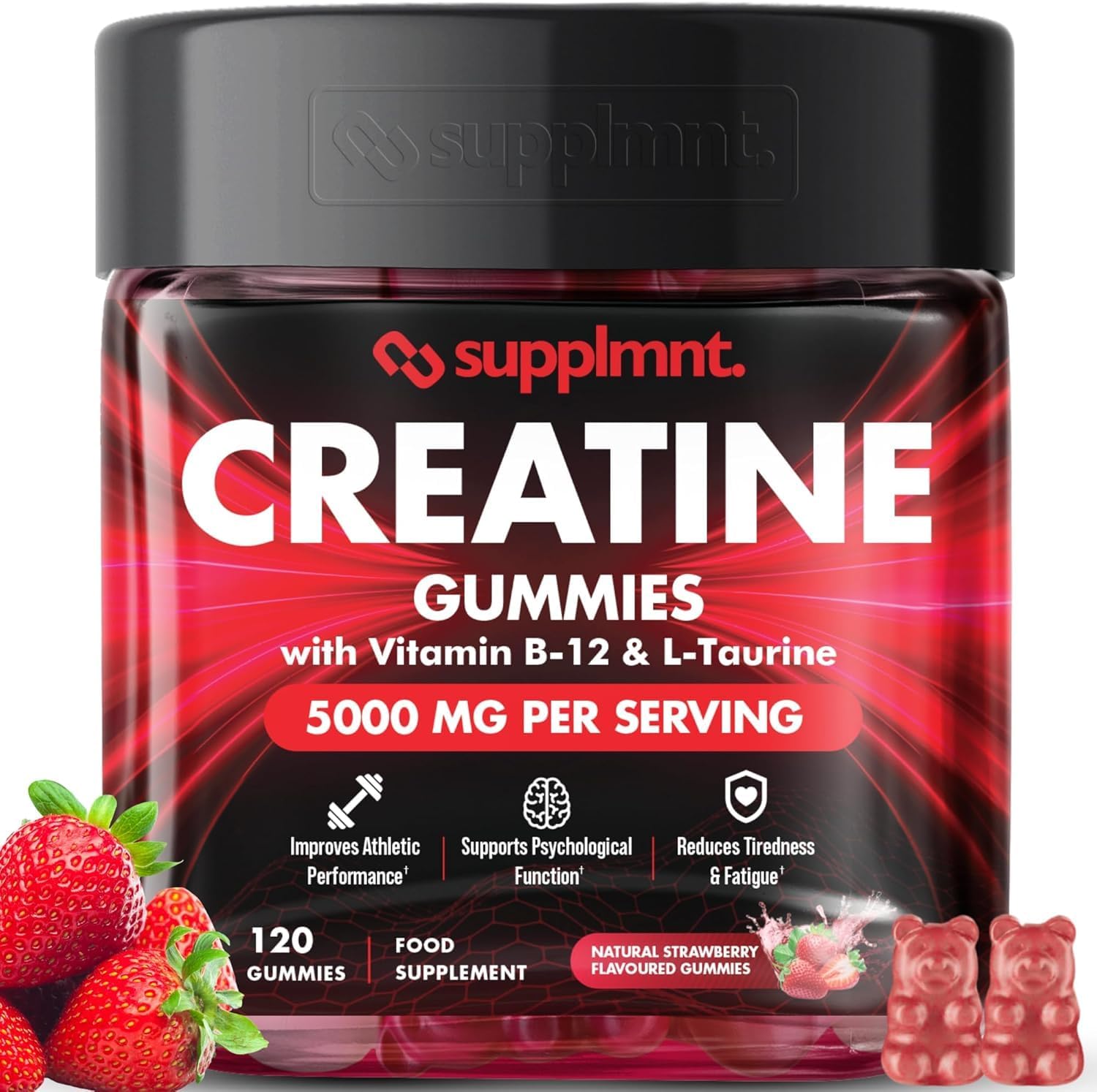 Supplmnt. Creatine 120 Gummies Max 5000mg for Men & Women Creatine Monohydrate Plus B12 and L-Taurine Chewable Gummies, Blueberry Flavour 1 Month Supply (Single, Strawberry)