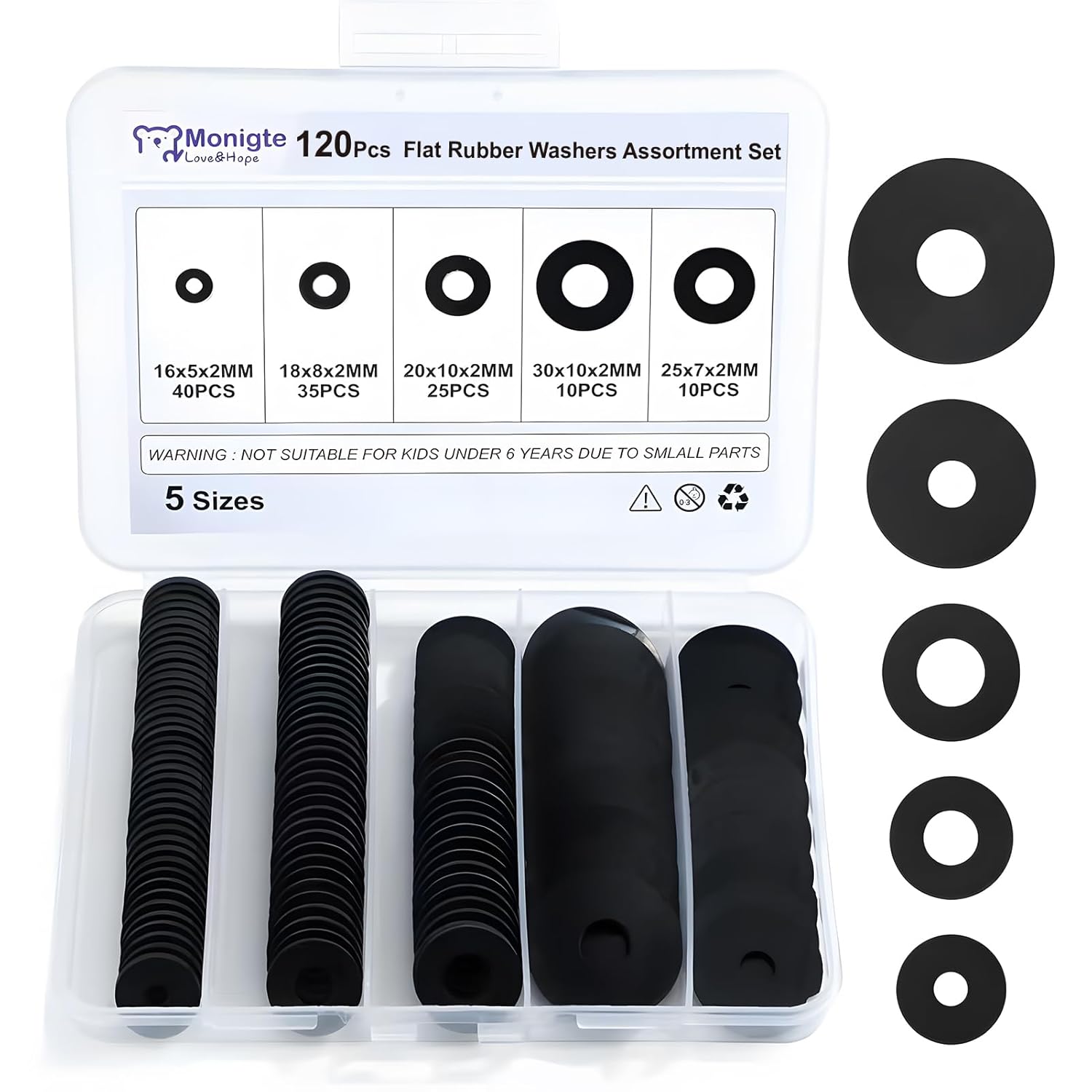 120Pcs Flat Rubber Washers Assortment Kit,16/18/20/25/30mm Black Washer,Vibration Absorbing Pads Sealing Rubber Washers for Faucets Garden Bolts Screws Hose Plumbing Shower Head- 5 Sizes