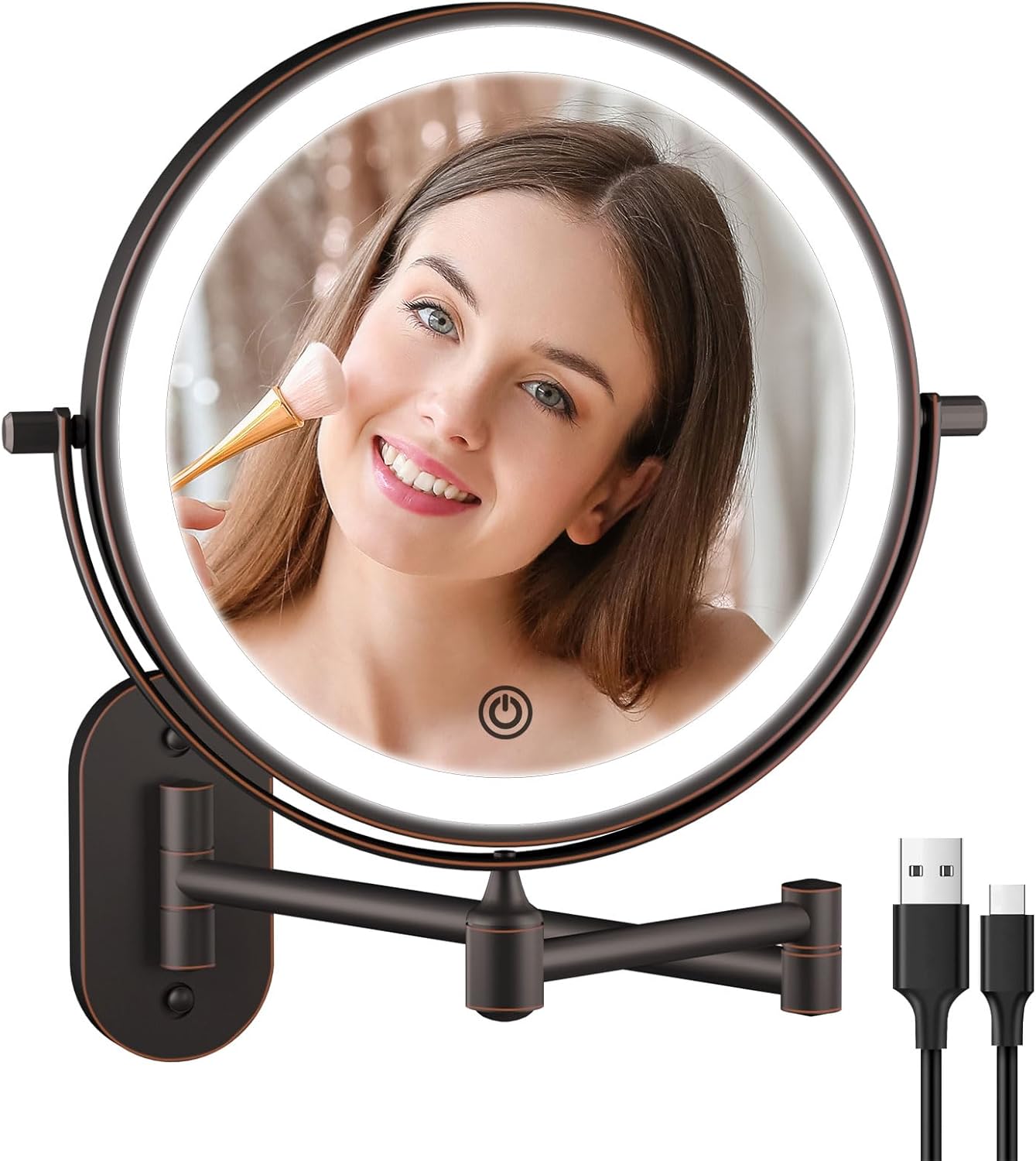 Rechargeable Wall Mounted Lighted Makeup Vanity Mirror 8 Inch Double Sided 1X 10X Magnifying Bathroom Mirror, 3 Color Lighting, Touch Dimming, Extended Arm 360 Rotation Light up Mirror Antique Bronze