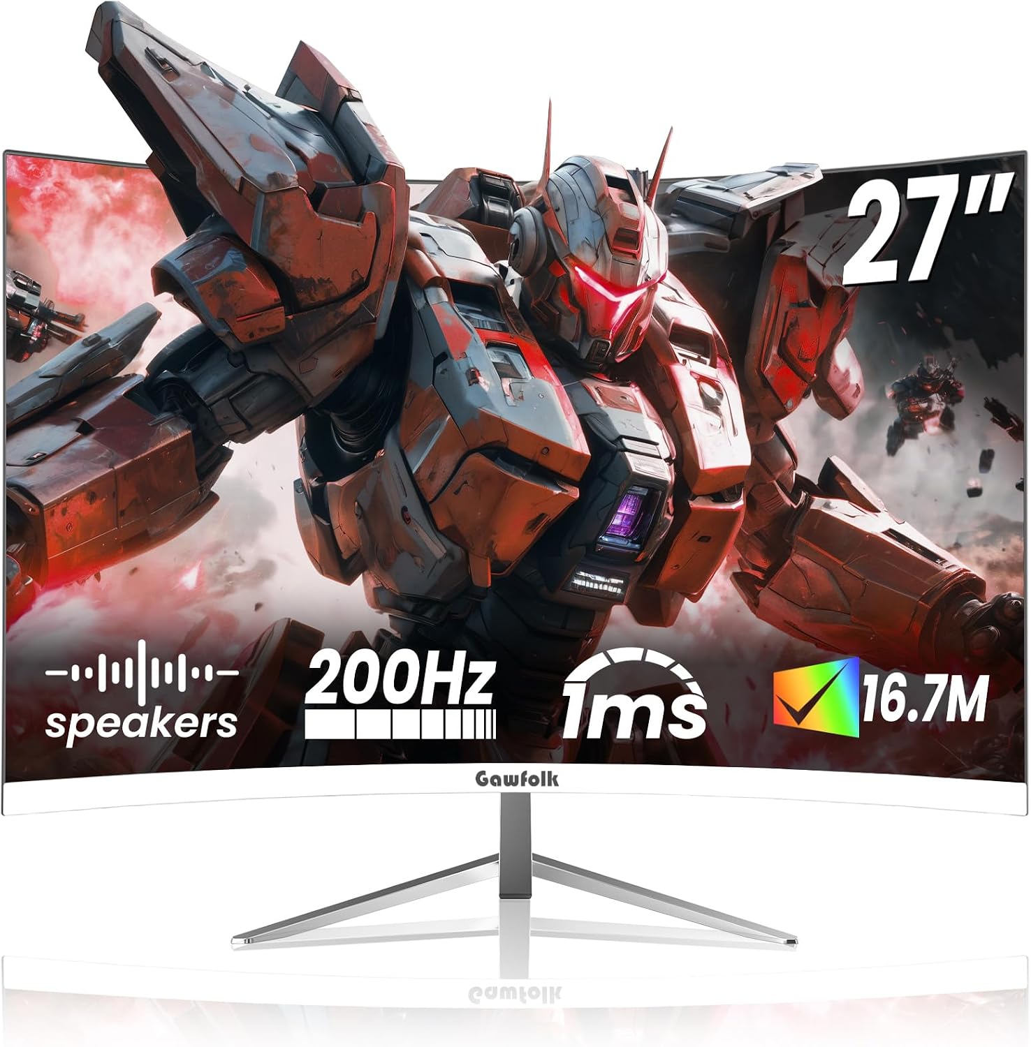 Gawfolk 27" Curved Gaming Monitor,180Hz/200Hz FHD 1920x1080 1800R VA Panel | 1ms Response Time, FreeSync, Built-in Speakers, HDMI, VESA Mountable, White