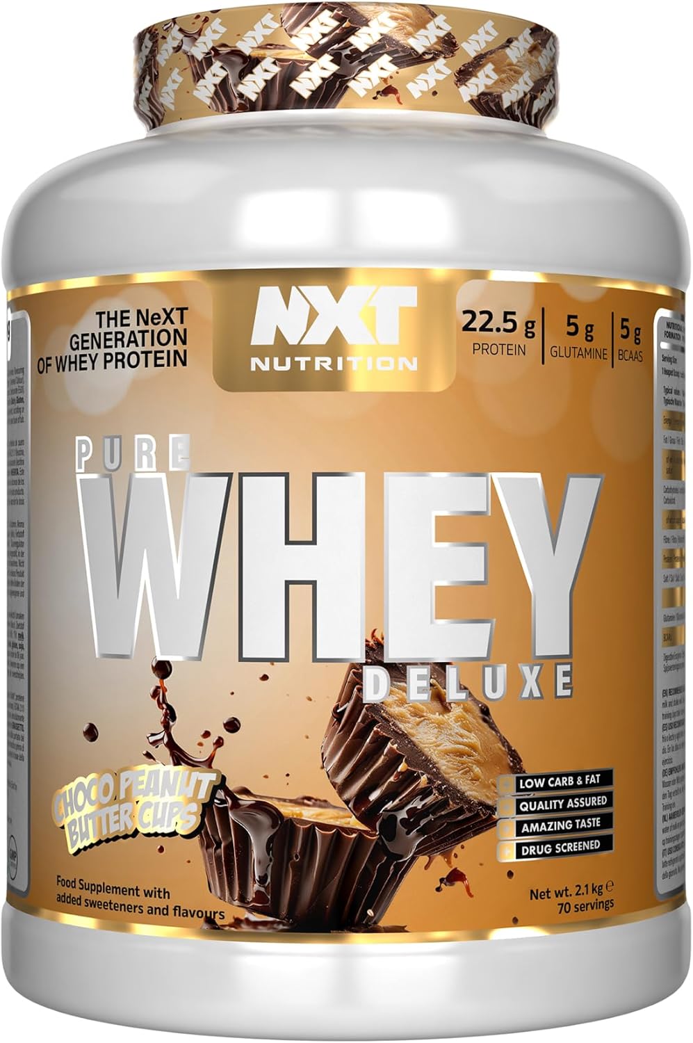NXT Nutrition Pure Whey Deluxe 2.1kg | Whey Protein | Muscle Growth and Recovery | 70 Servings | 5g Glutamine | 5g BCAA | Chocolate Peanut Butter Cups